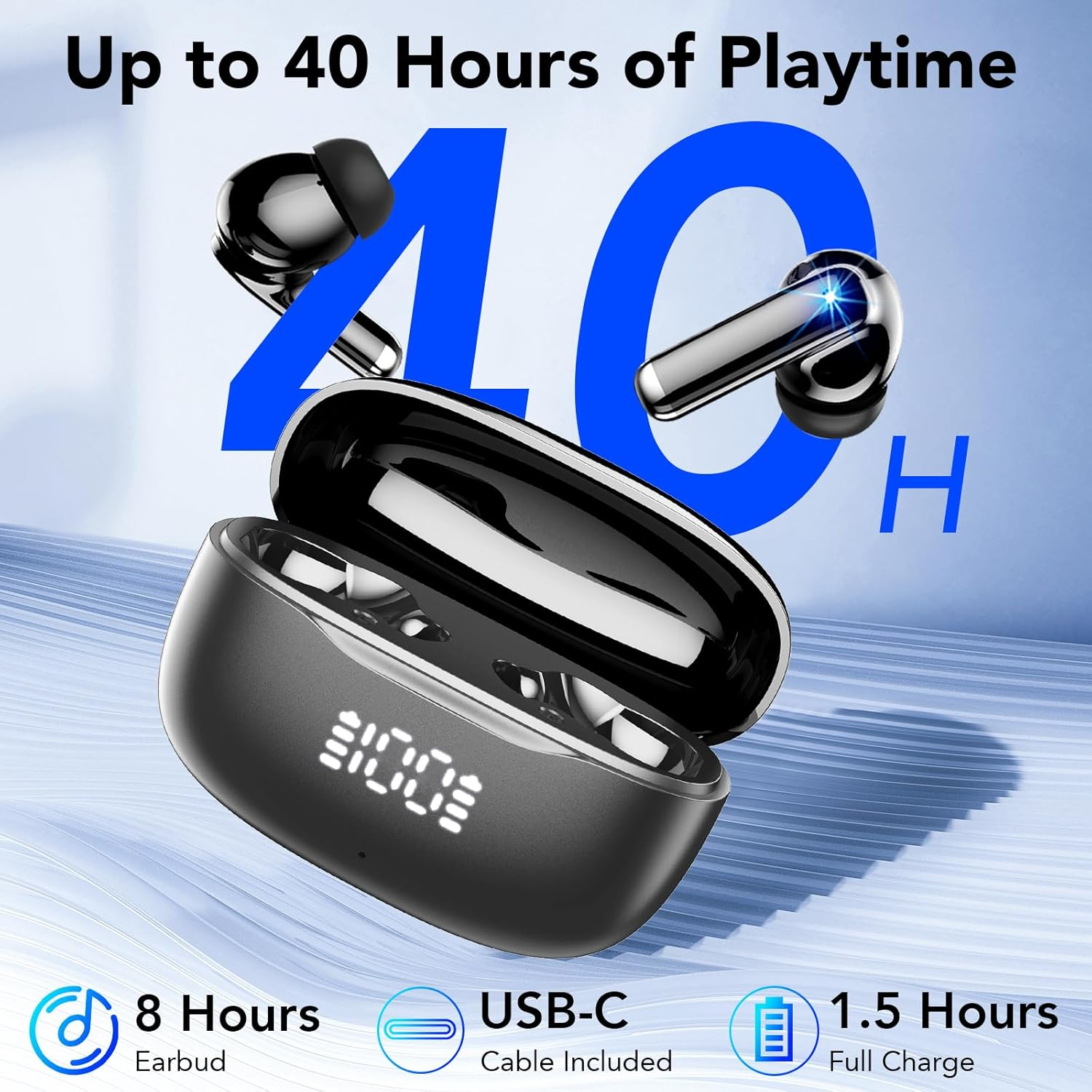 Ein schwarzes Ladecase mit Ohrhörern und der Angabe 'Up to 40 Hours of Playtime'.