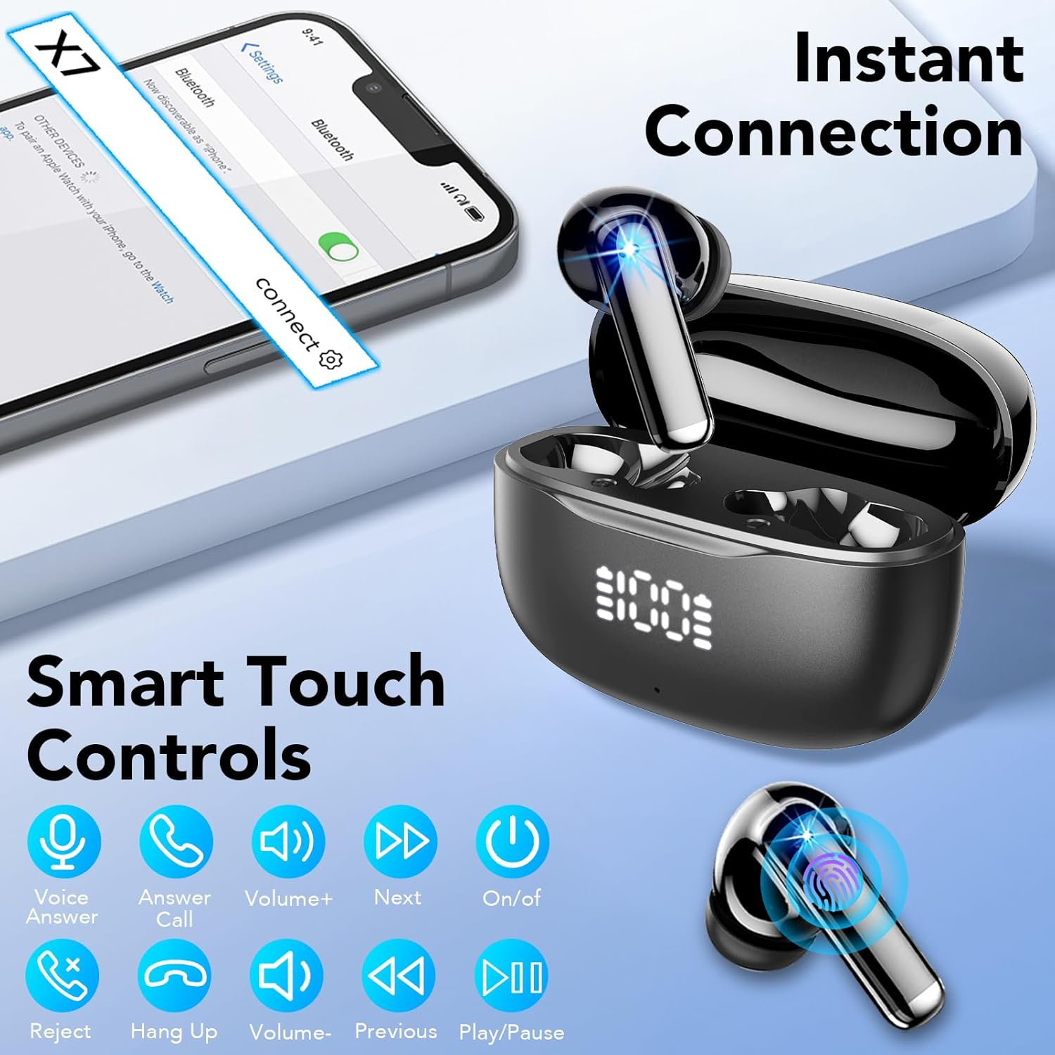 Schwarze kabellose Ohrhörer mit Ladecase, die Smart-Touch-Steuerung und sofortige Verbindung zeigen.