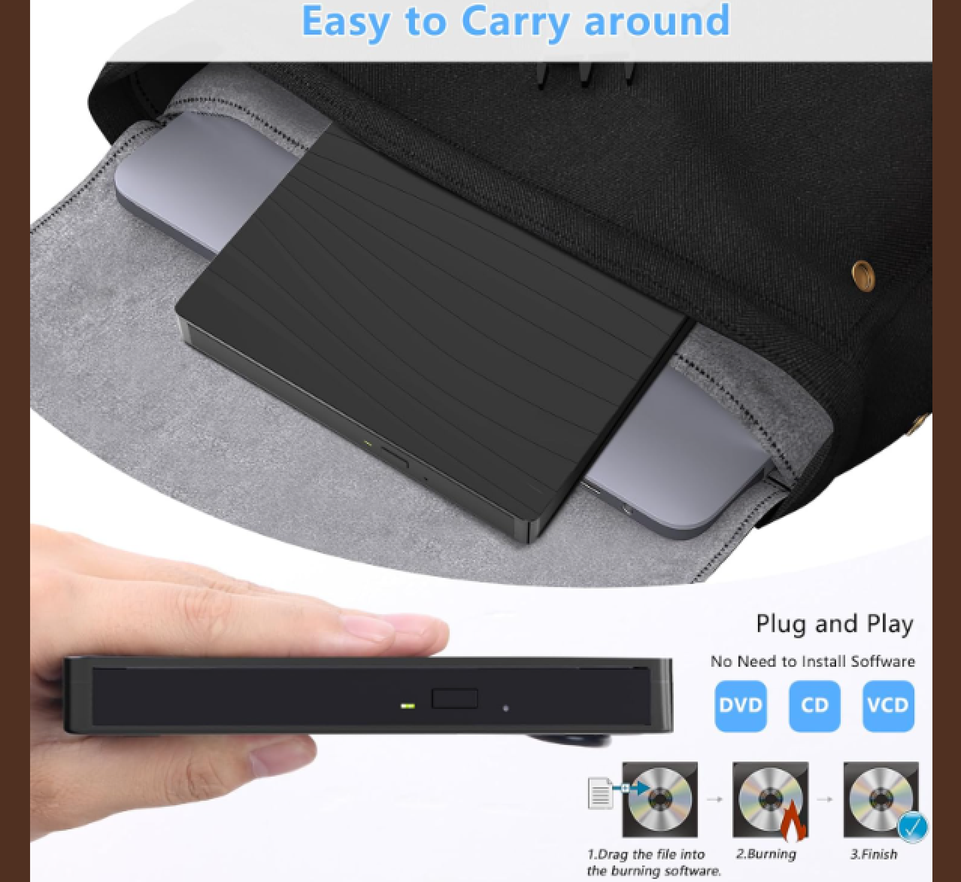 Ein schwarzer externer DVD-Brenner wird in eine Tasche gelegt, daneben ein Handy.