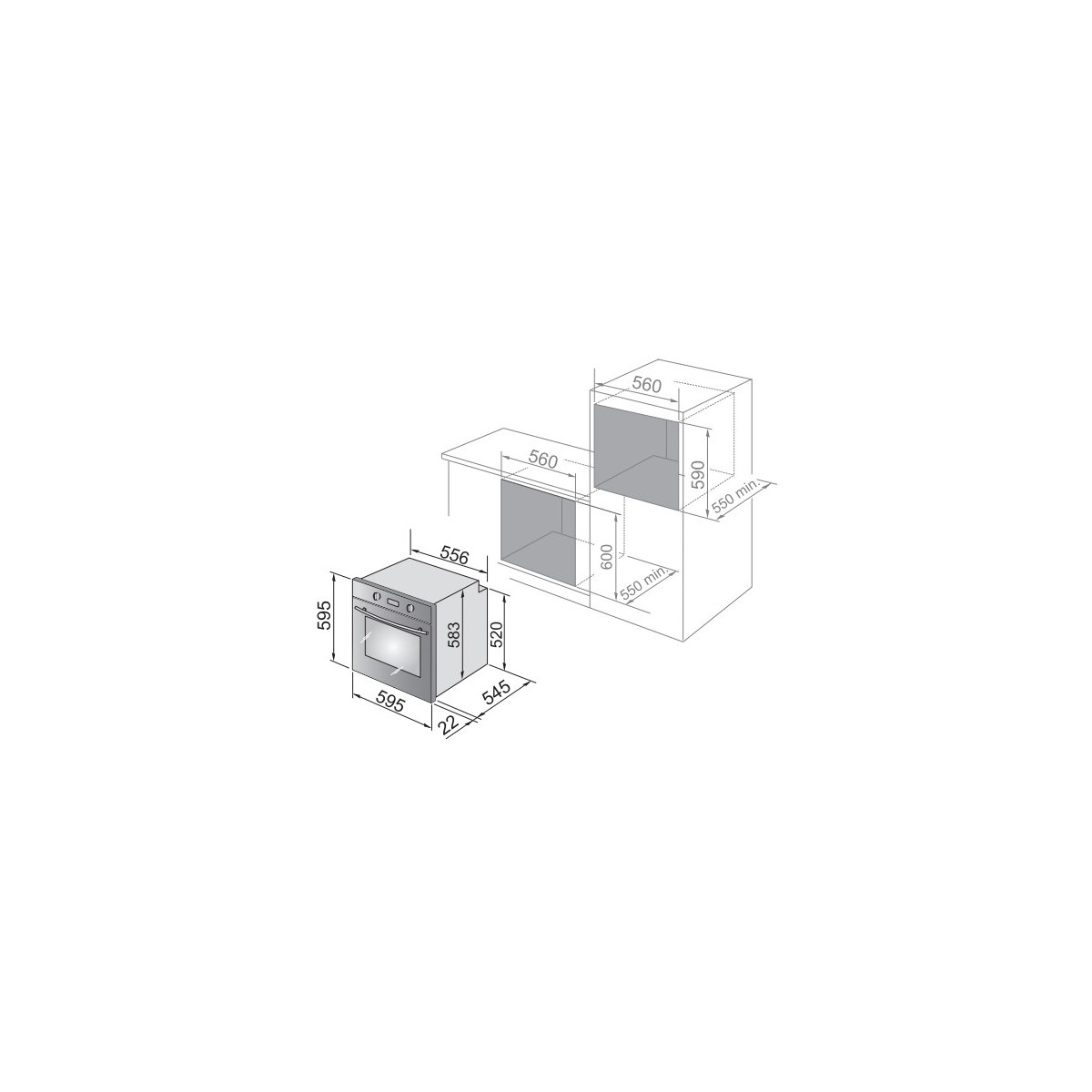 Disegno tecnico di un forno da incasso con dimensioni.