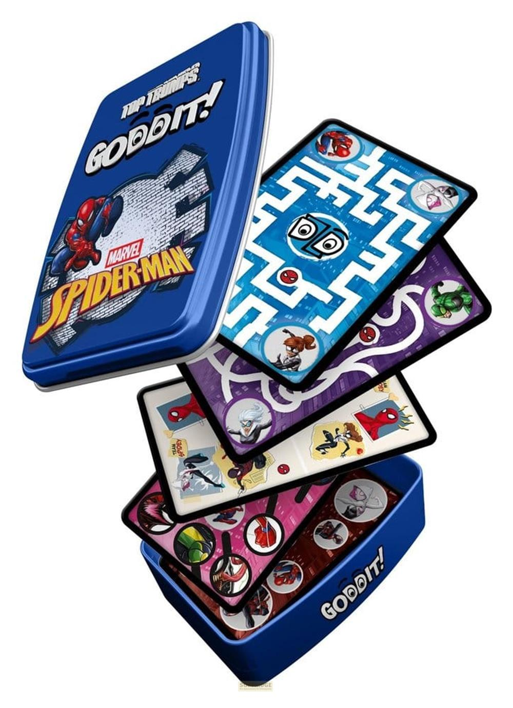 Spiderman Spielkarten in einer blauen Spiderman-Dose. Labyrinthe und Charaktere.