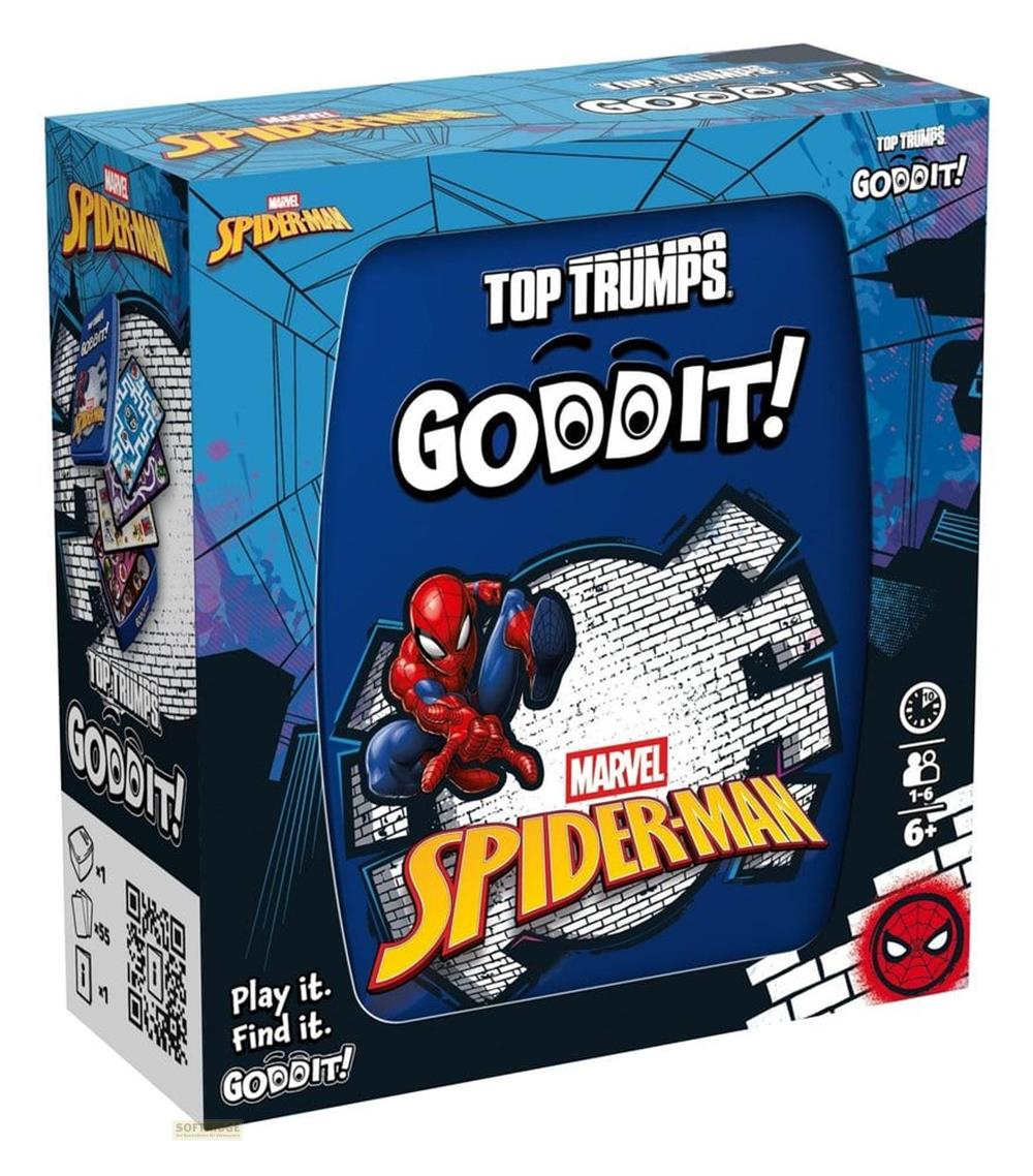 Box-Art für Marvels Spider-Man Top Trumps Kartenspiel. Zeigt Spider-Man in Aktion.