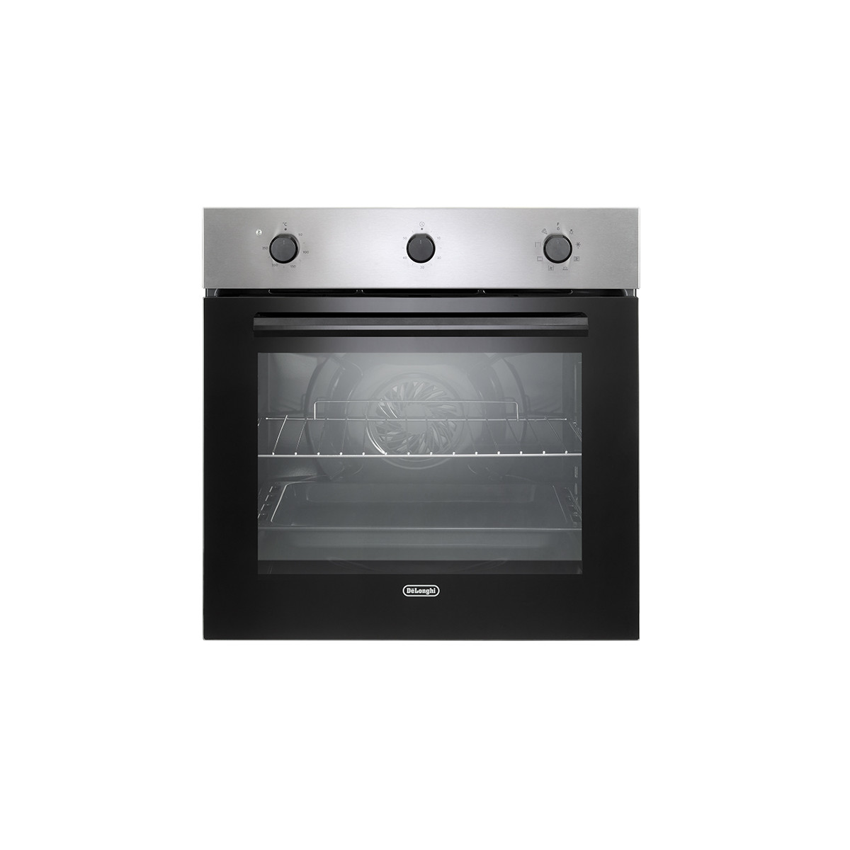 Un moderno forno da incasso con parte superiore in acciaio inox e porta in vetro nero.