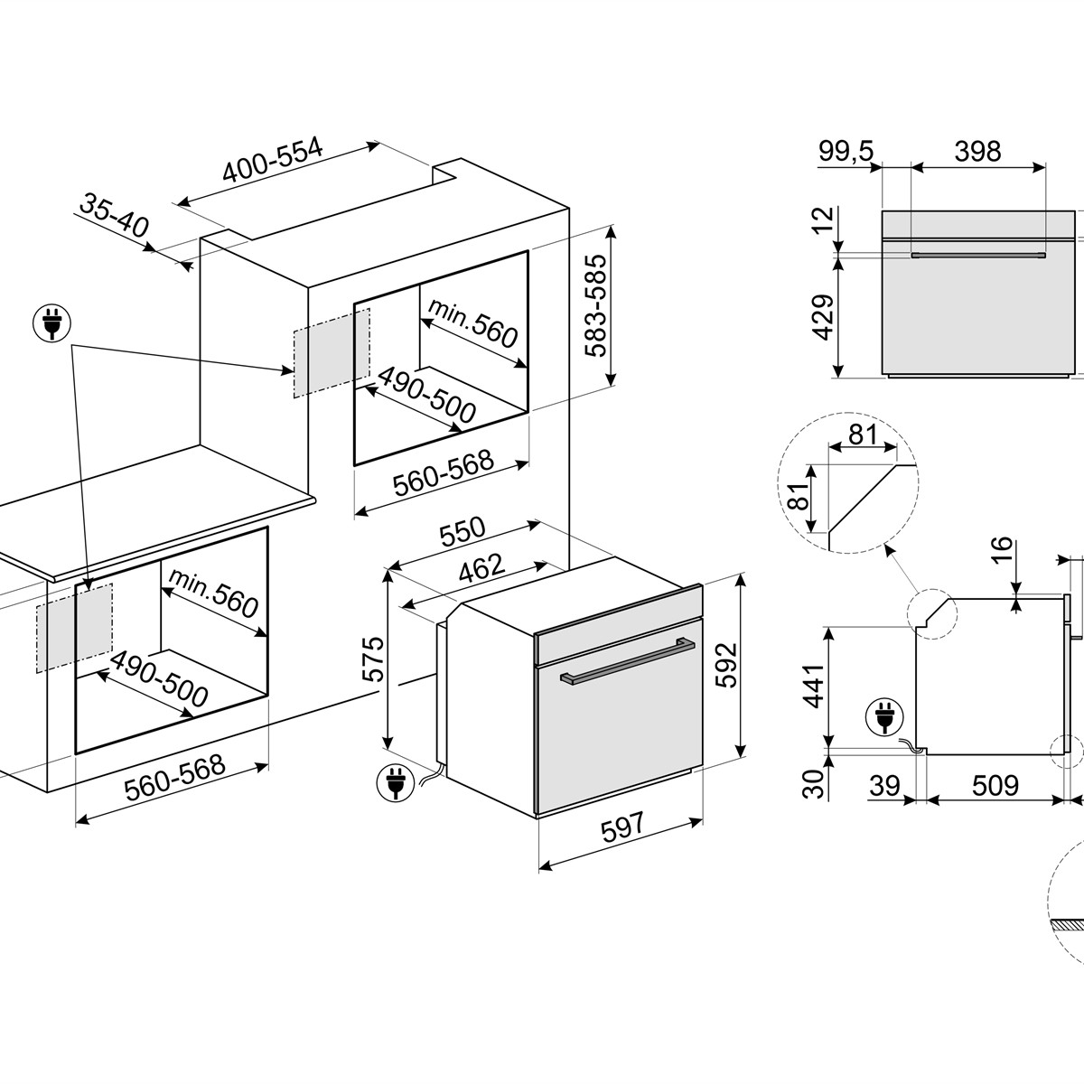 Disegno tecnico con dimensioni per elettrodomestici da incasso, forni e lavastoviglie.