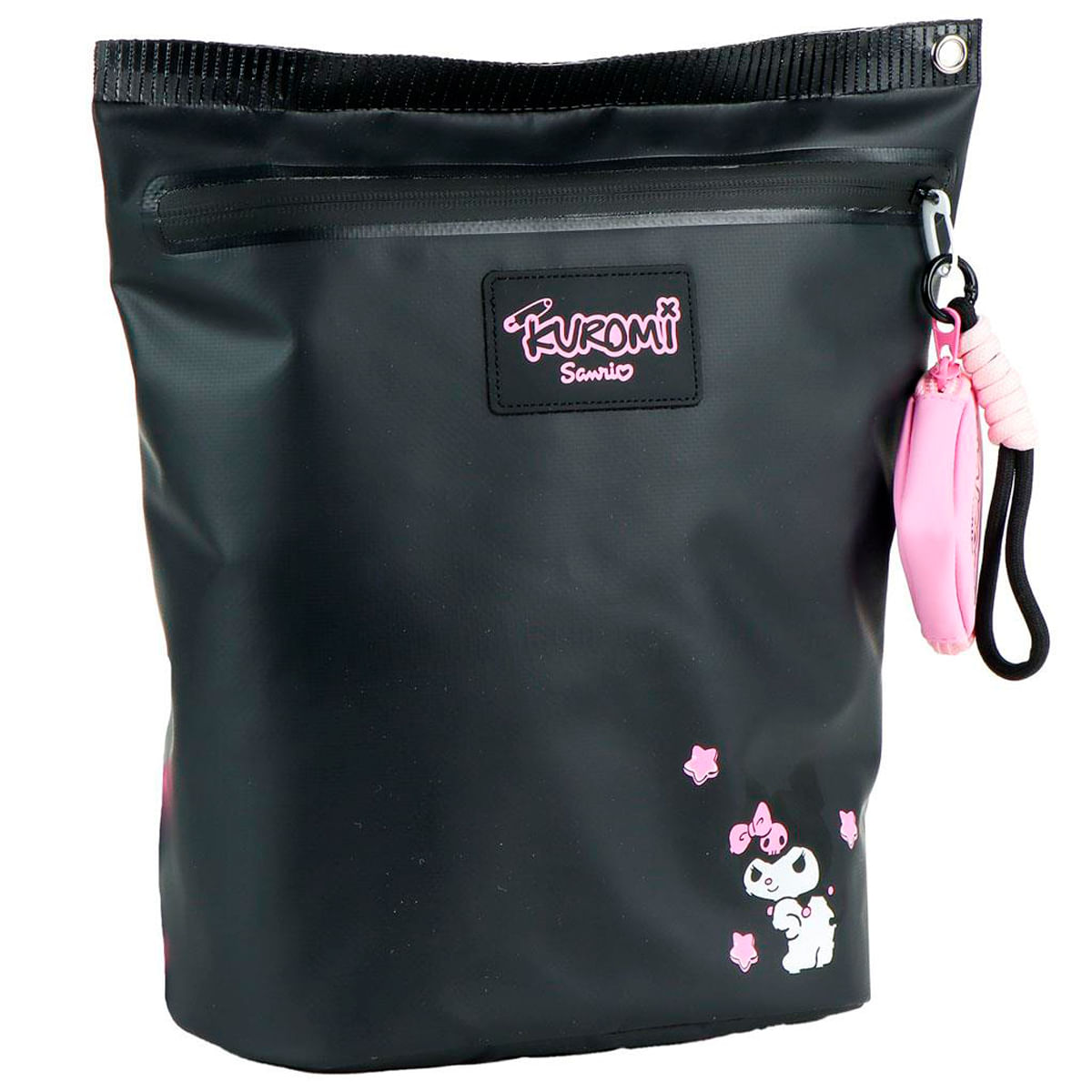 Schwarze Kuromi-Tasche mit pinken Sternen und Figur, mit pinkem Reißverschlussanhänger.