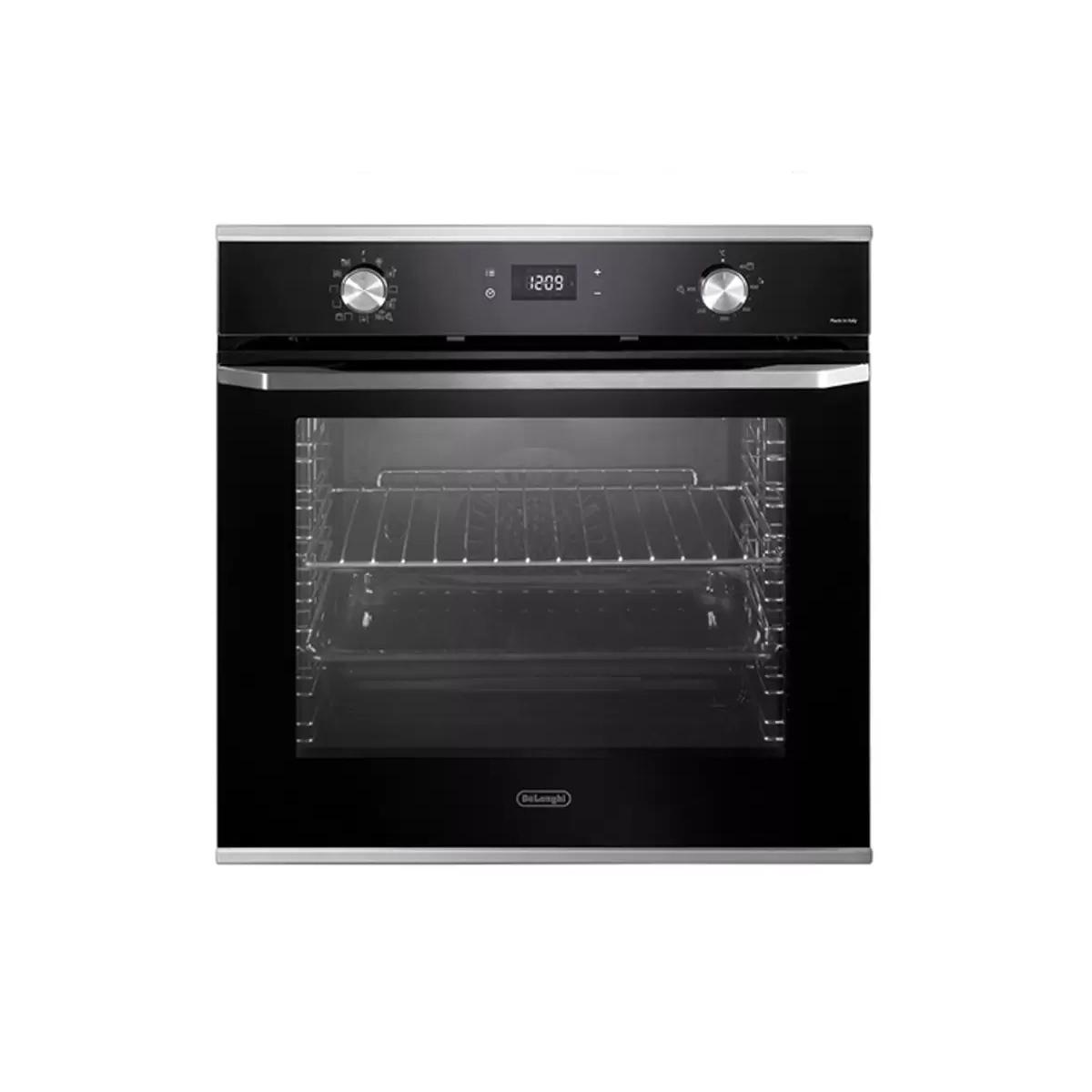 Un moderno forno da incasso DeLonghi nero con porta in vetro, finiture argentate e display digitale.