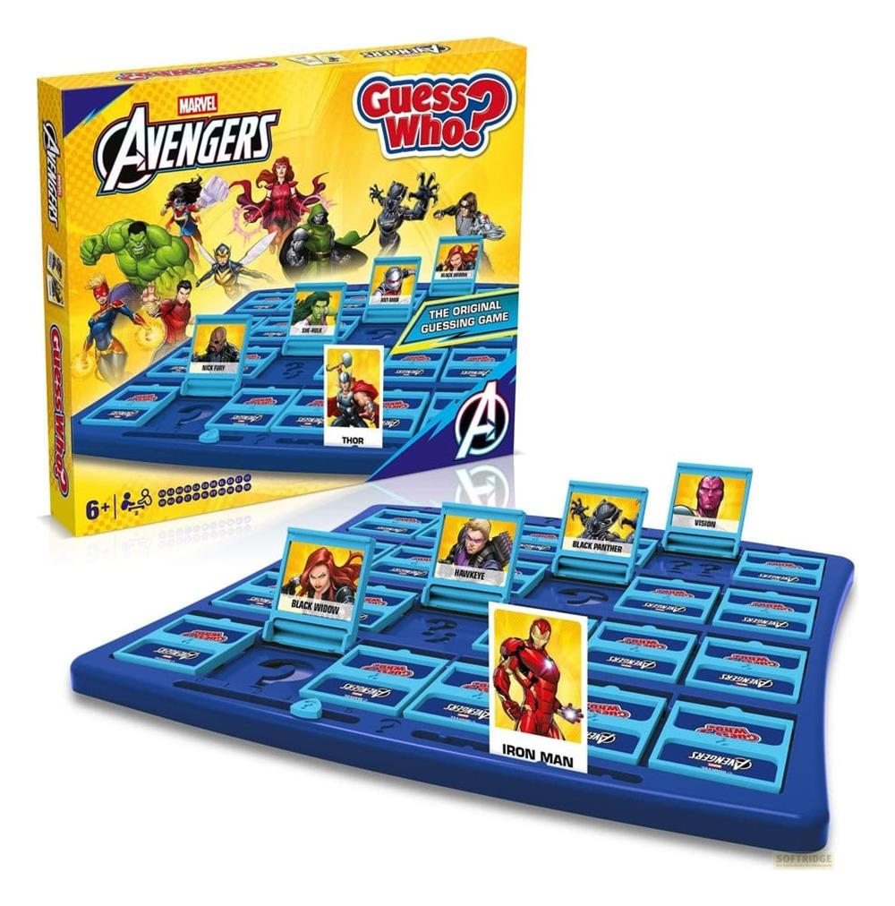 Avengers Guess Who? Brettspiel mit Charakterkarten wie Iron Man, Thor und Black Widow.