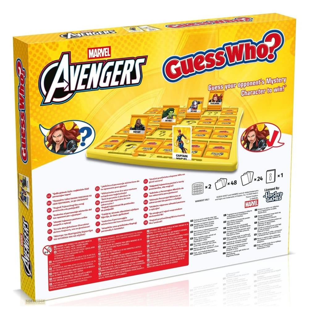 Marvel Avengers Guess Who? Spielbrett mit Charakterkarten und Spielanleitung.