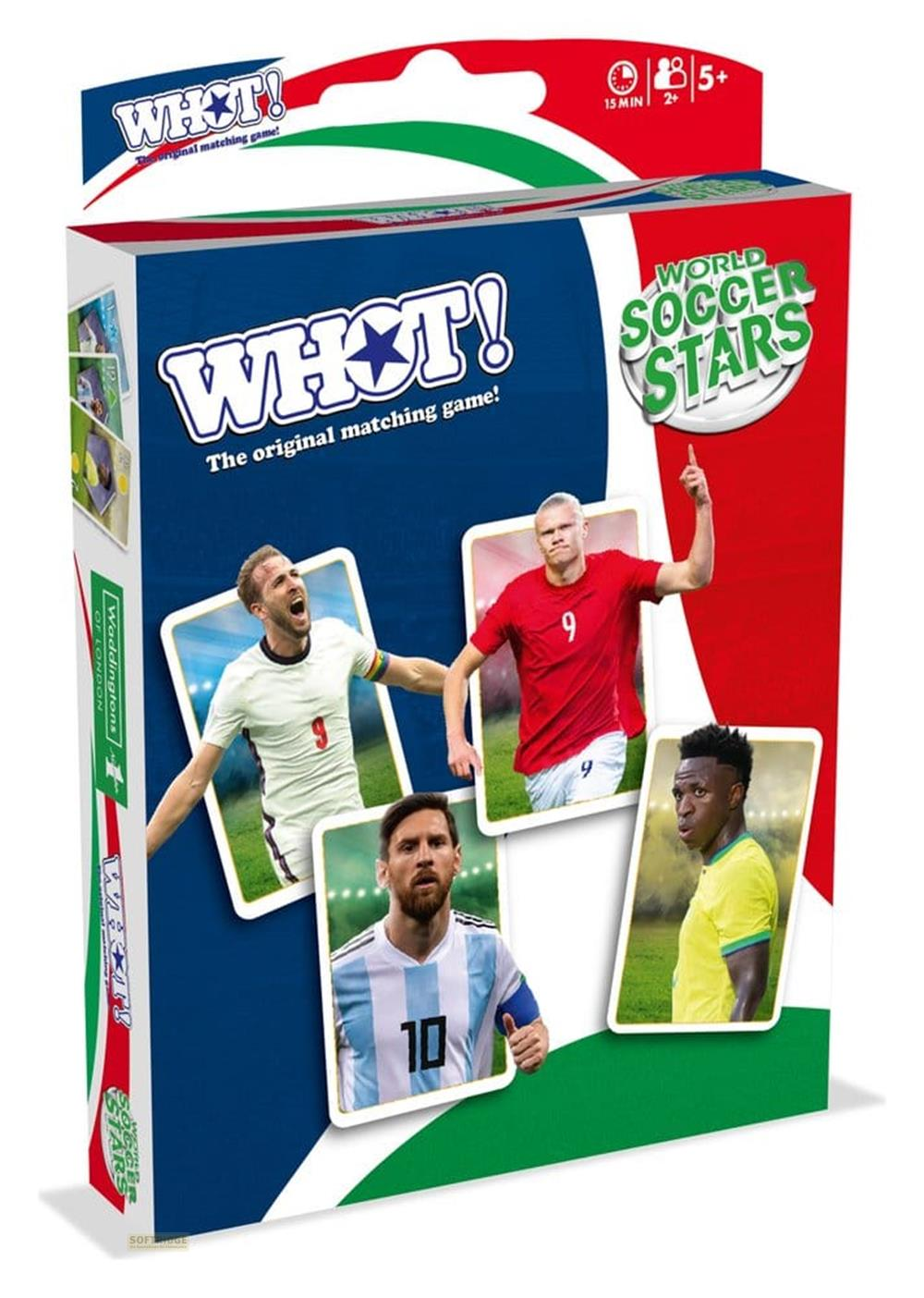 Box für das "WHOT! World Soccer Stars"-Sammelspiel mit Fußballern Harry Kane, Erling Haaland, Lionel Messi und Vinícius Júnior.