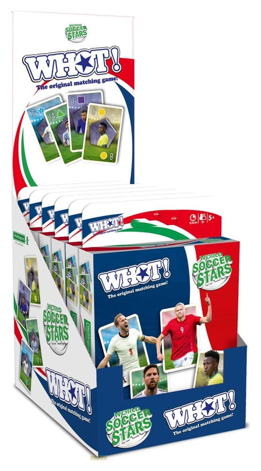 Box des WHOT!-Kartenspiels "World Soccer Stars" mit Fußballspielern.