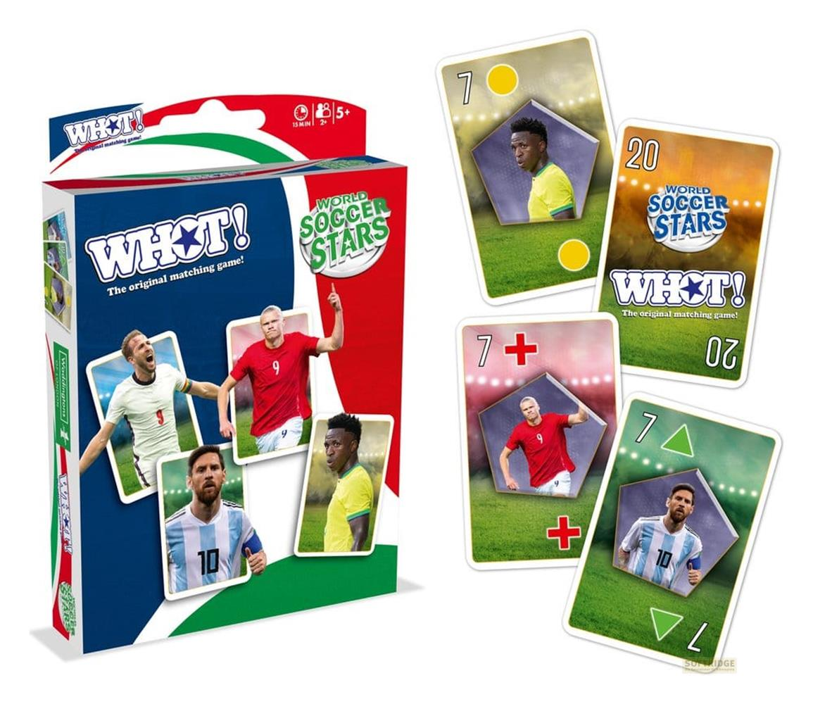 Spielkarten mit Fußballstars und Spielbox für das Spiel 'WHOT! World Soccer Stars'.