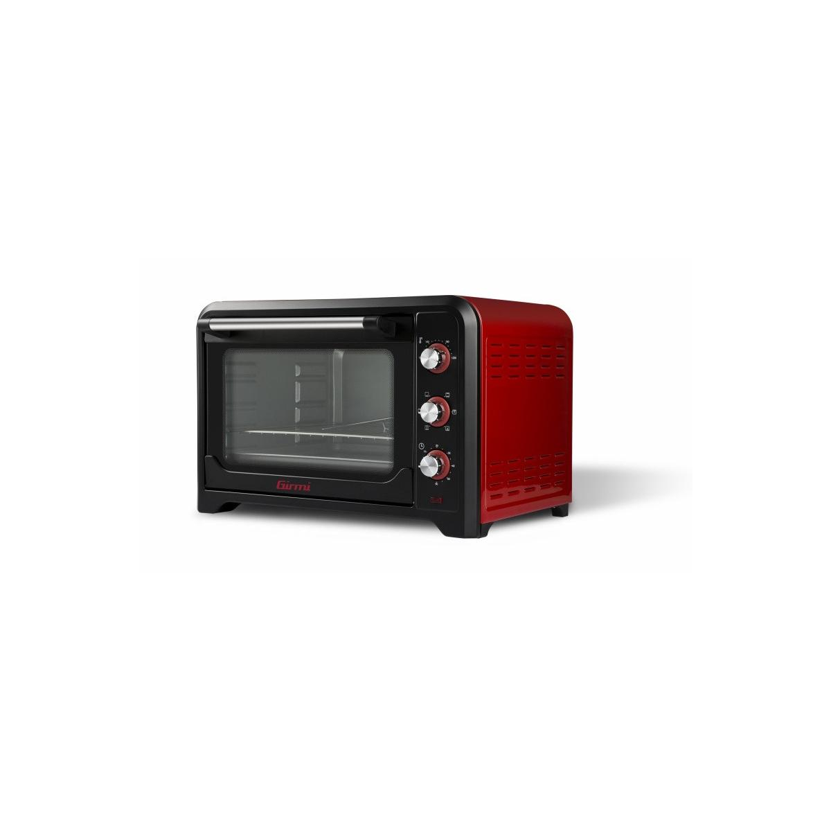 Un mini forno rosso e nero con manico e manopole argentate.