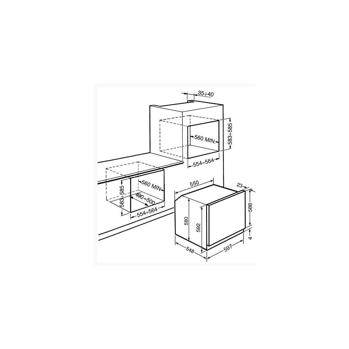Dibujo técnico de un electrodoméstico empotrado con medidas y líneas.