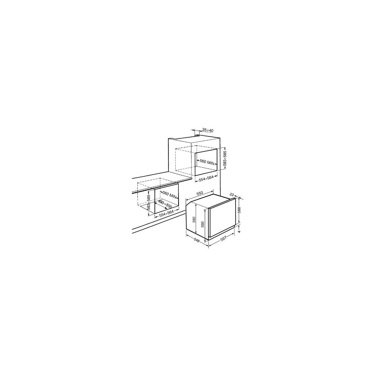 Disegno tecnico di un elettrodomestico da incasso con dimensioni e misure.