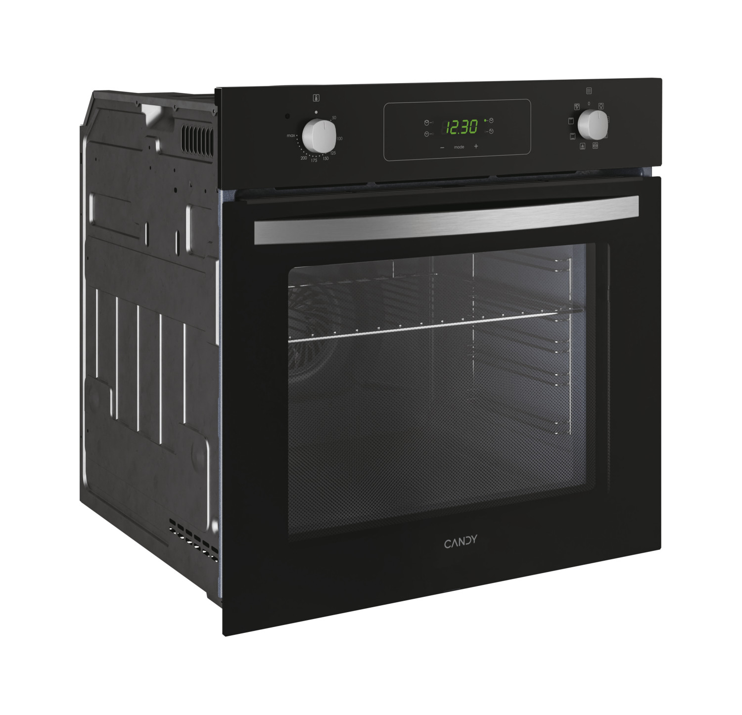 Un forno da incasso nero con display digitale e manopole.