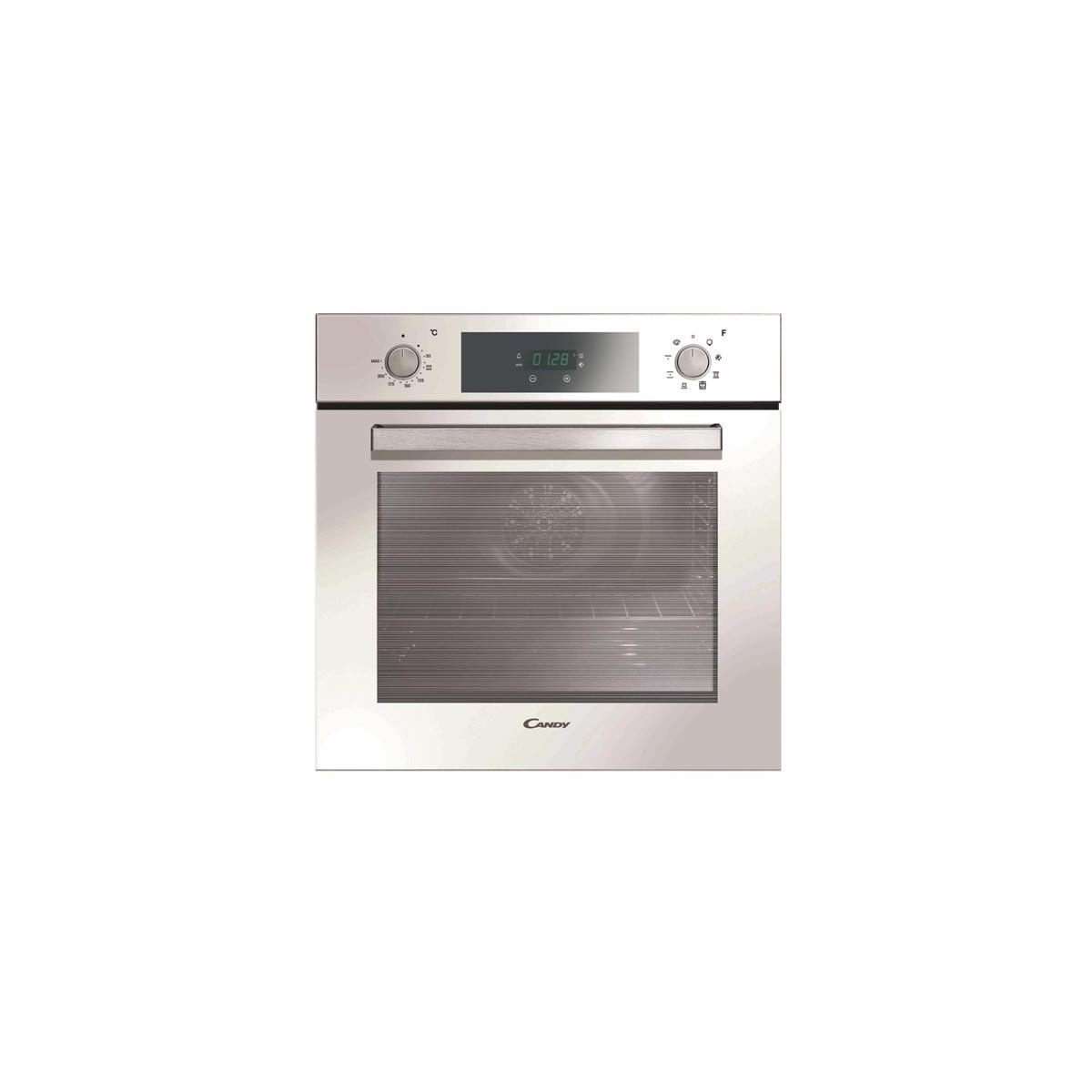 Un horno empotrado plateado moderno con pantalla digital y puerta de cristal.