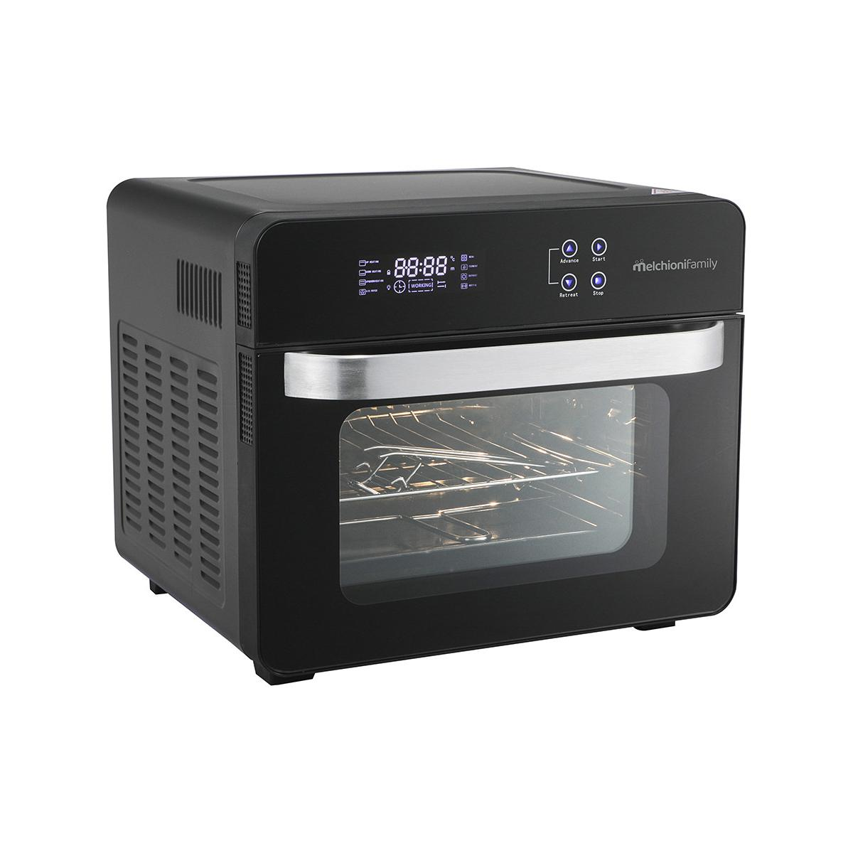 Horno compacto negro con pantalla digital y puerta de cristal.