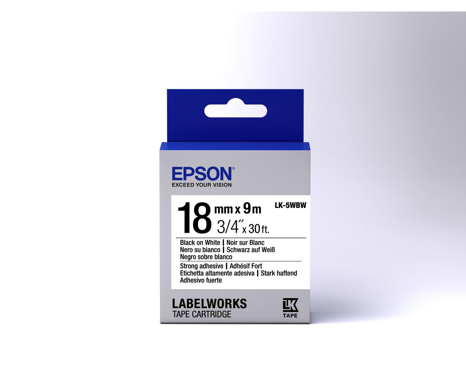 Epson LK-5WBW-Bandkassette. Schwarz auf Weiß, 18mm x 9m, 3/4 Zoll x 30 Fuß. Stark haftend.