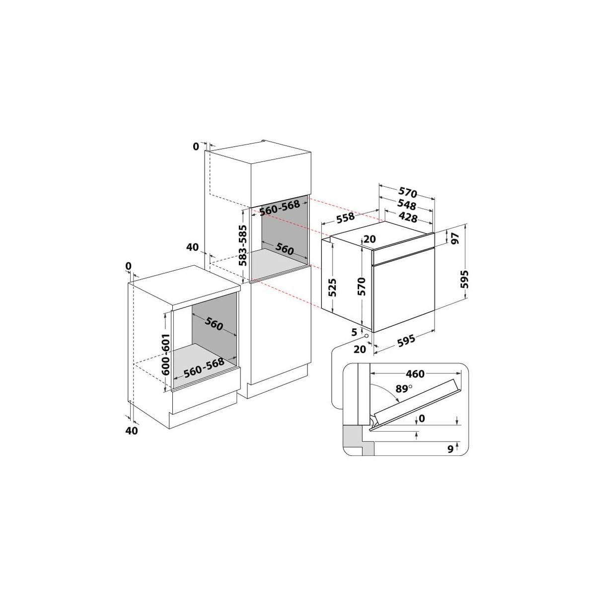 Disegno tecnico con dimensioni per elettrodomestici da incasso.