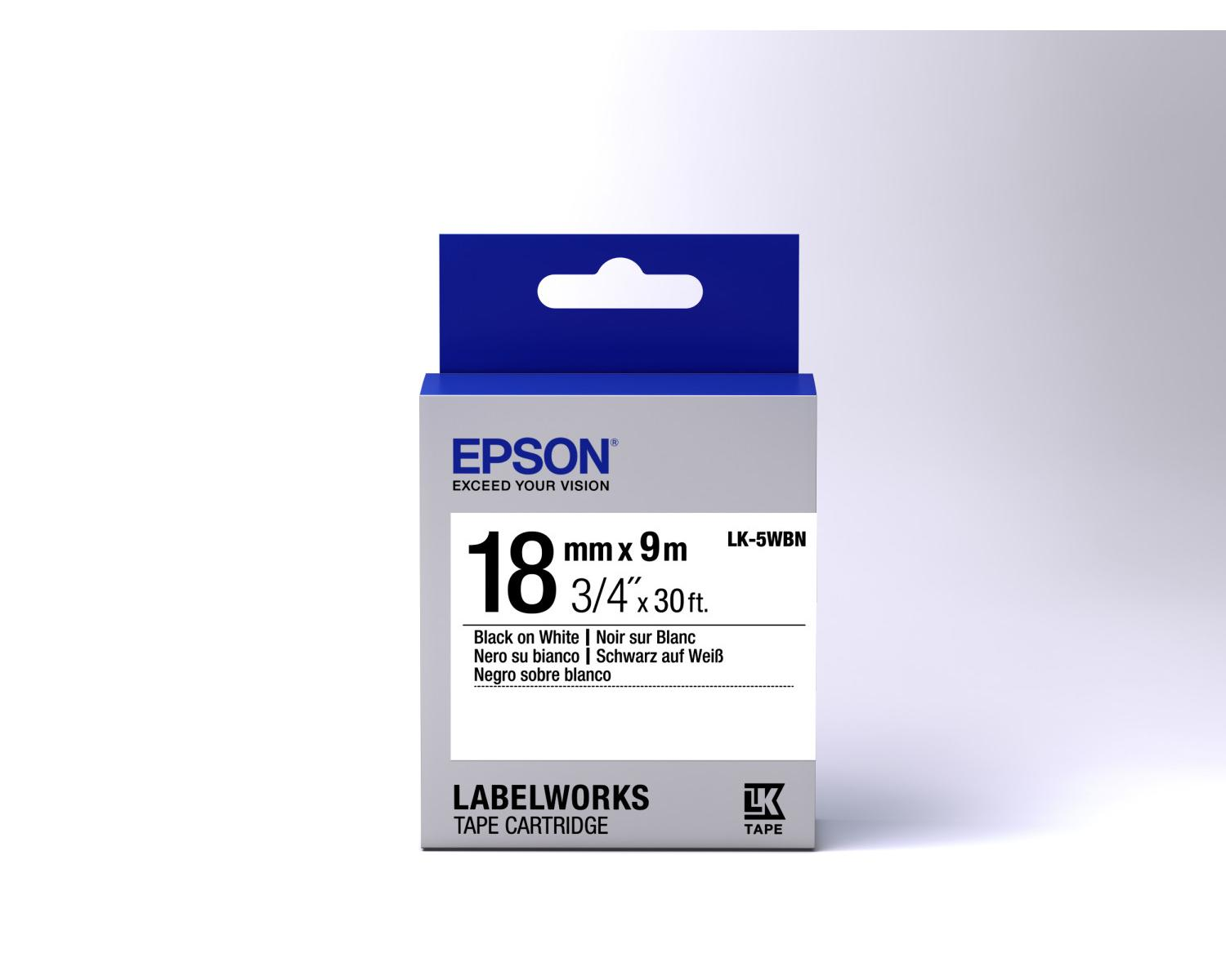 Cartuccia nastro Epson LabelWorks 18mm, nero su bianco, 3/4 pollice x 30 piedi.