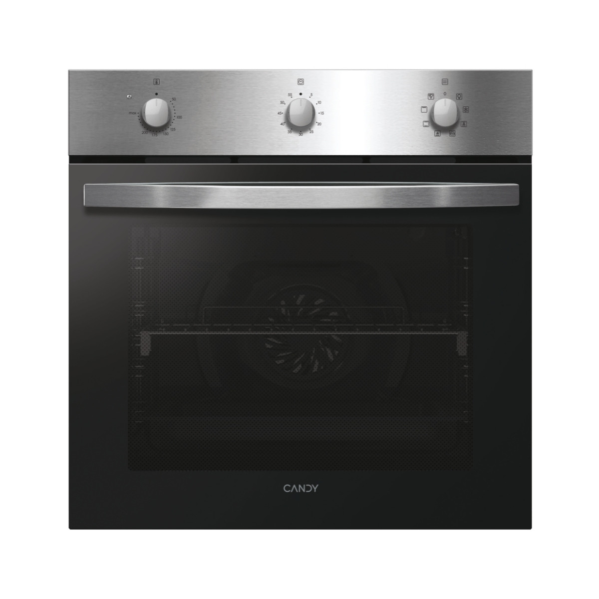 Forno da incasso moderno in acciaio inox con porta in vetro nero e tre manopole.