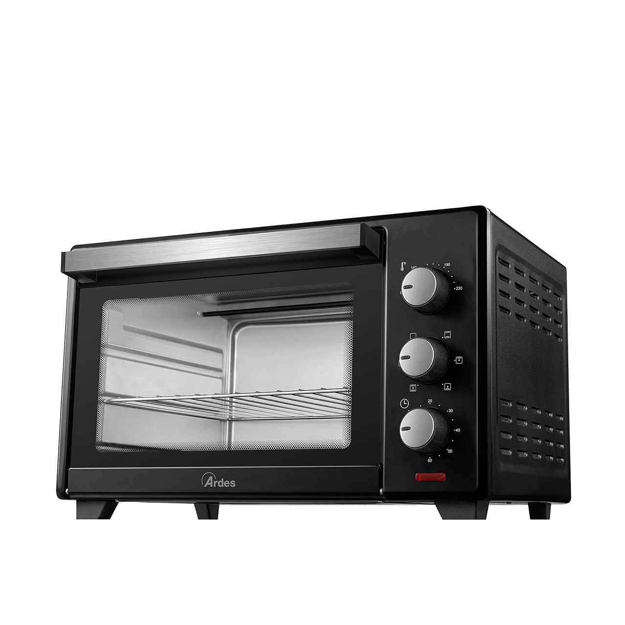 Un mini horno negro marca Ardes con puerta de cristal y asa plateada sobre fondo blanco.
