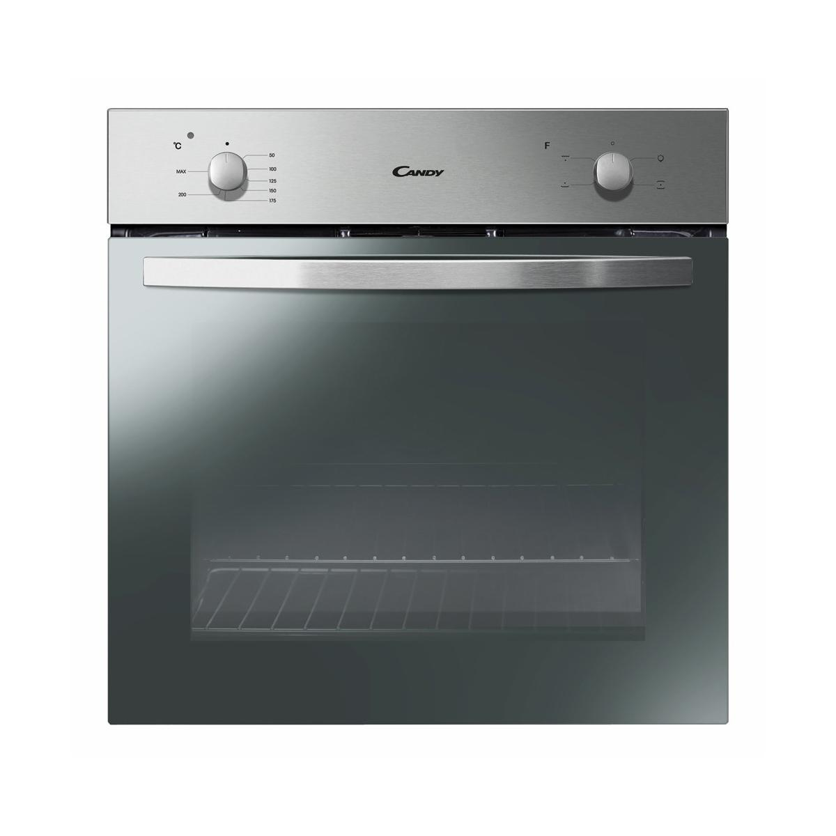 Un forno Candy argento con porta in vetro e manopole.