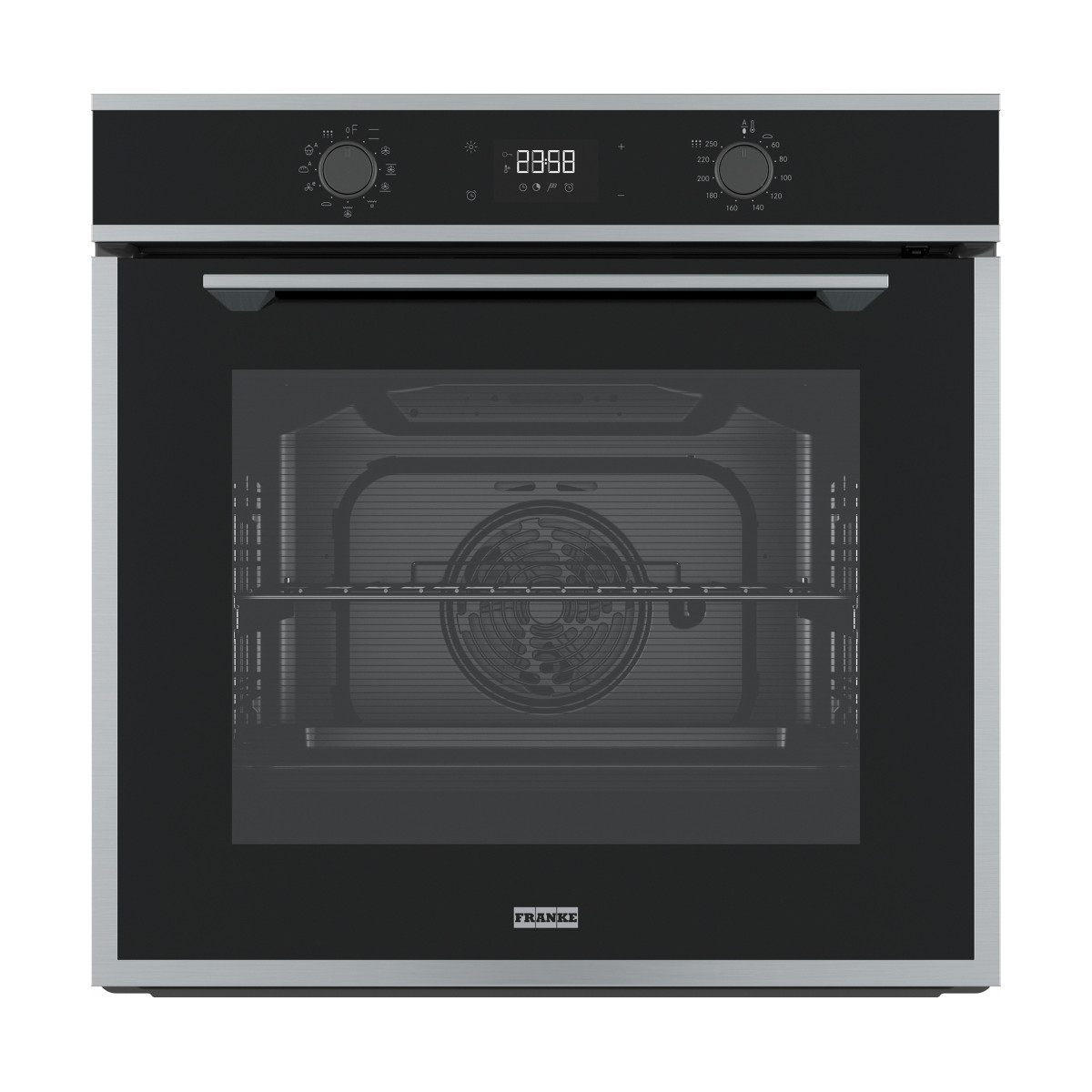 Un forno da incasso moderno con display digitale dell'ora e controllo della temperatura.