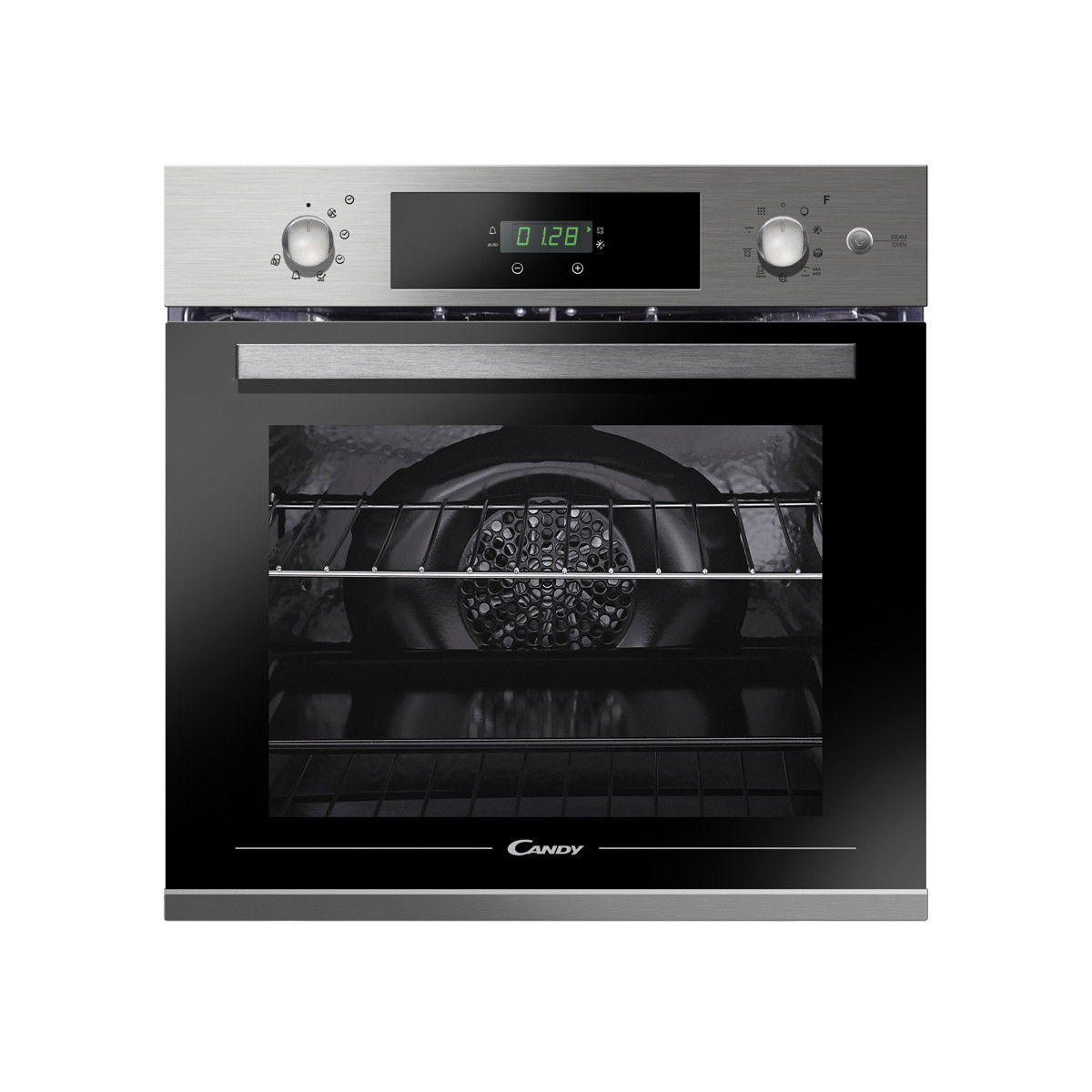 Un forno da incasso moderno con display digitale, manopole e finestra di visualizzazione.