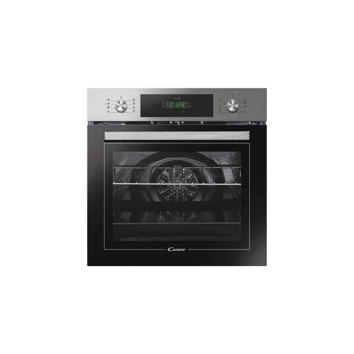 Un forno da incasso moderno con pannello di controllo argentato e porta in vetro nero.