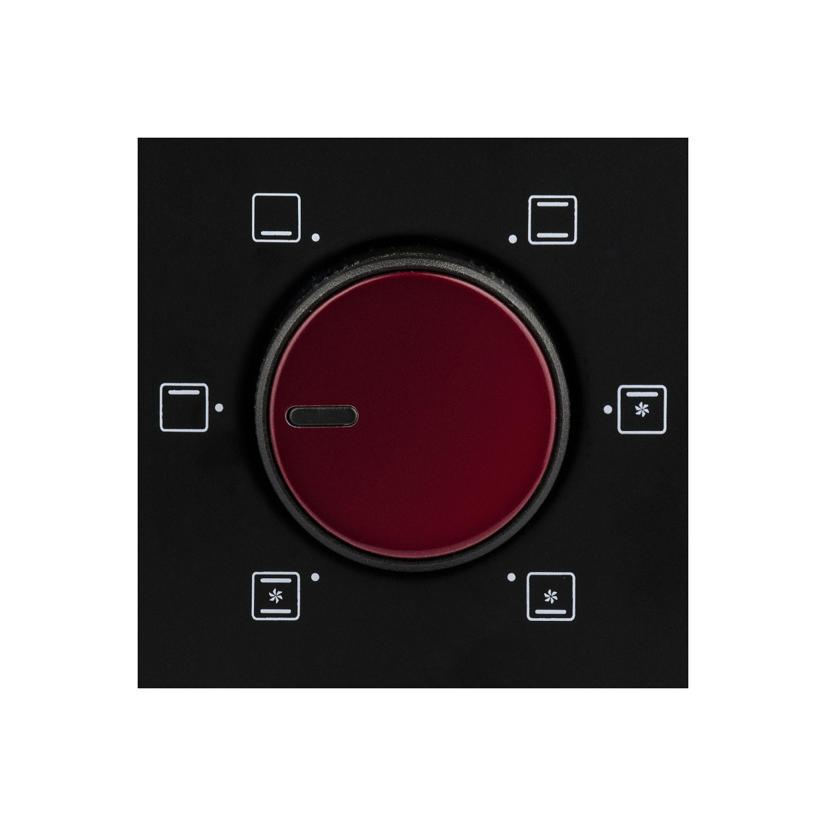 Una perilla giratoria roja en un panel de control negro con iconos para funciones de horno.