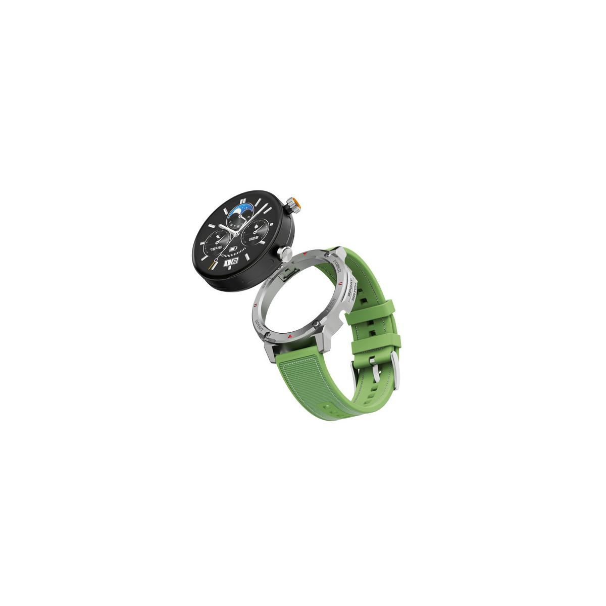 Una cassa di smartwatch nera con cinturino verde, su sfondo bianco.