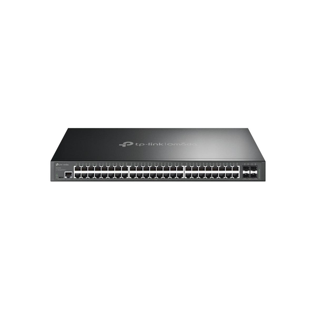 Ein schwarzer TP-Link Omada Netzwerk-Switch mit vielen Ethernet-Anschlüssen.