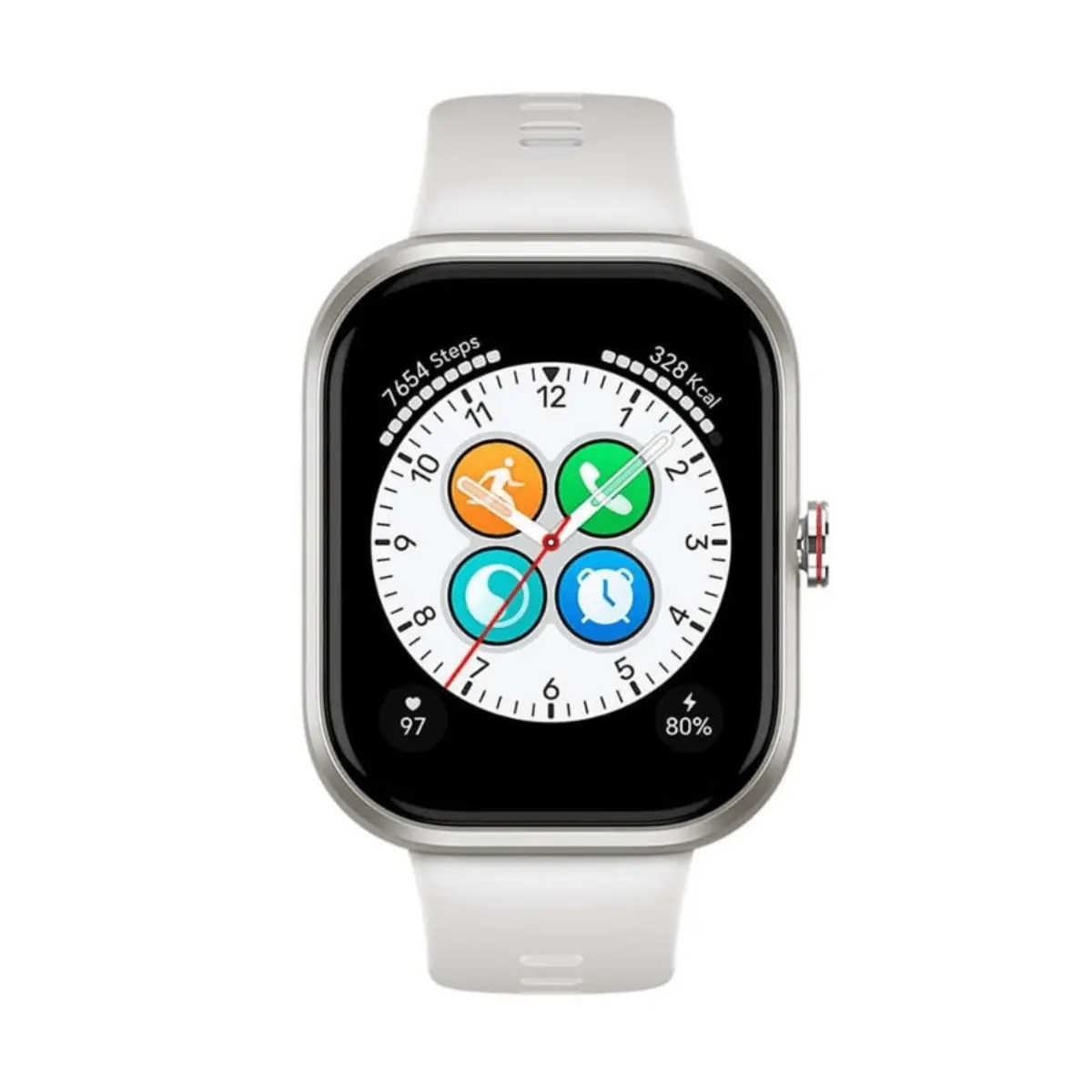 Reloj inteligente blanco con carcasa plateada, mostrando pasos y calorías.