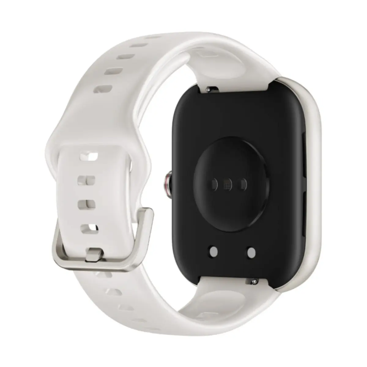 Parte trasera de un smartwatch blanco con área de sensor negra y hebilla metálica.