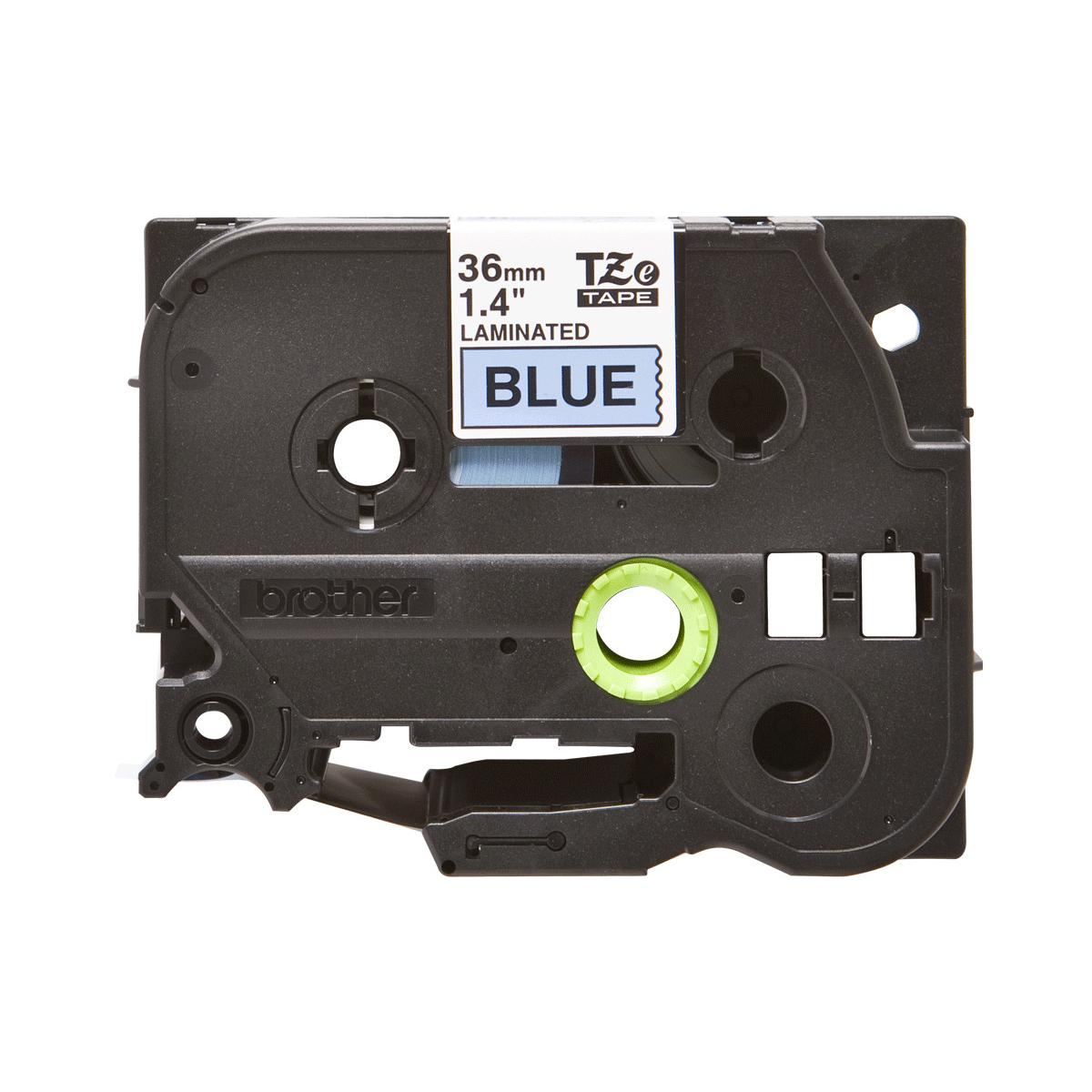 Eine schwarze Brother-Bandkassette mit blauer Schrift und Aufdruck.
