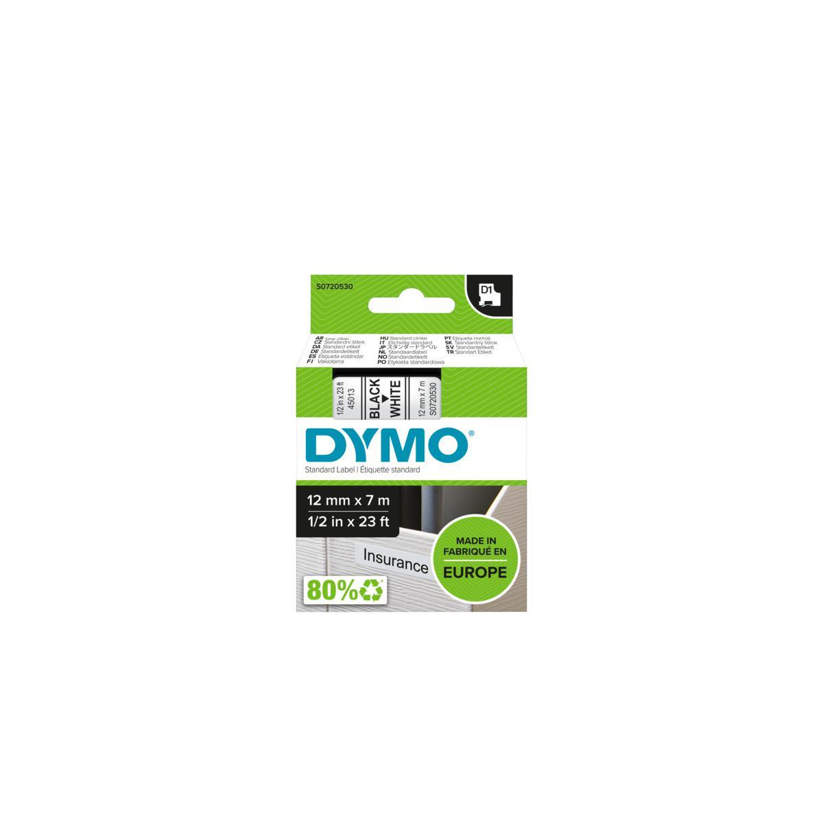 DYMO D1 Standard-Etikett, schwarz auf weiß, 12mm x 7m, Made in Europe.