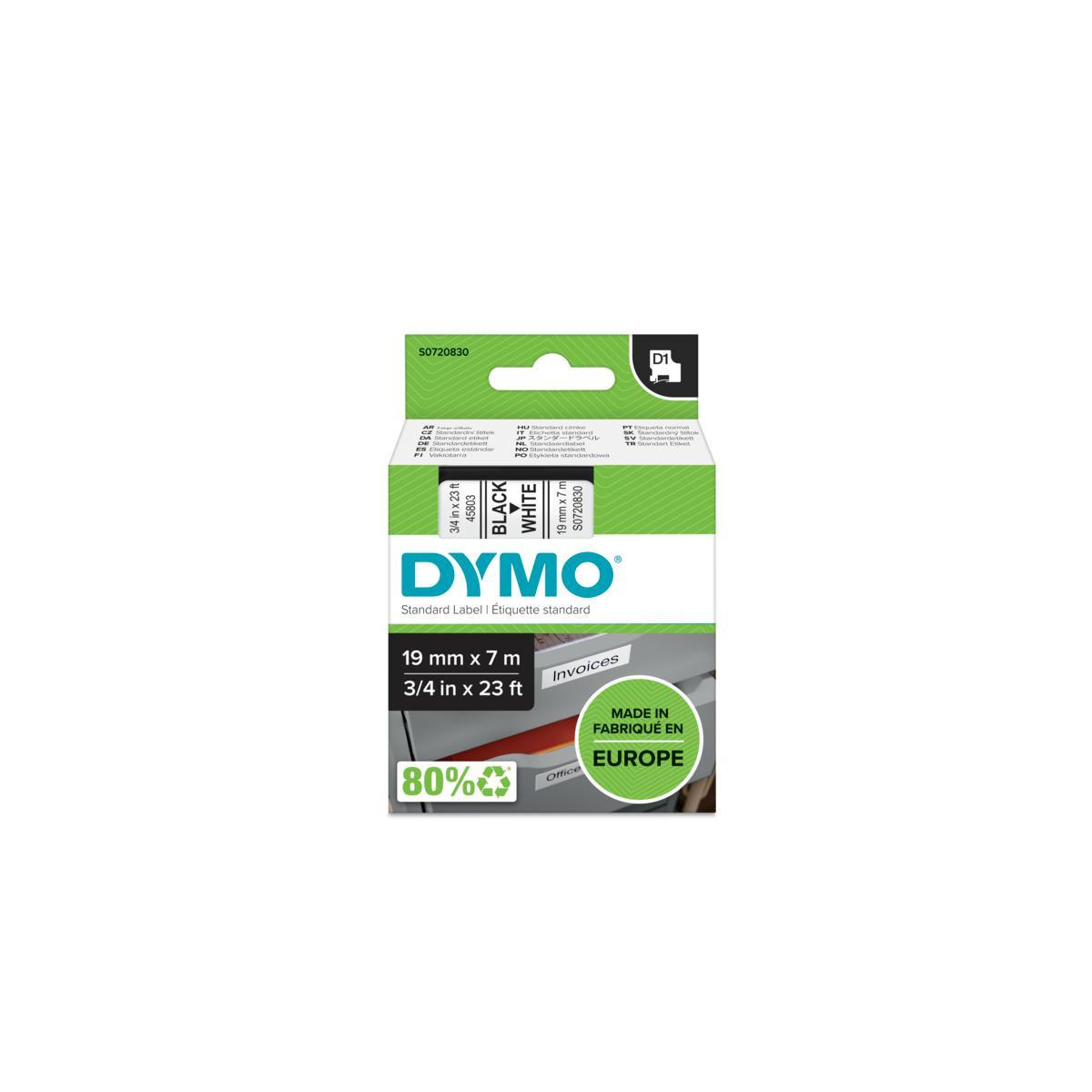 DYMO D1 Etikettenband-Verpackung. Schwarz auf Weiß, 19mm x 7m. Made in Europe.