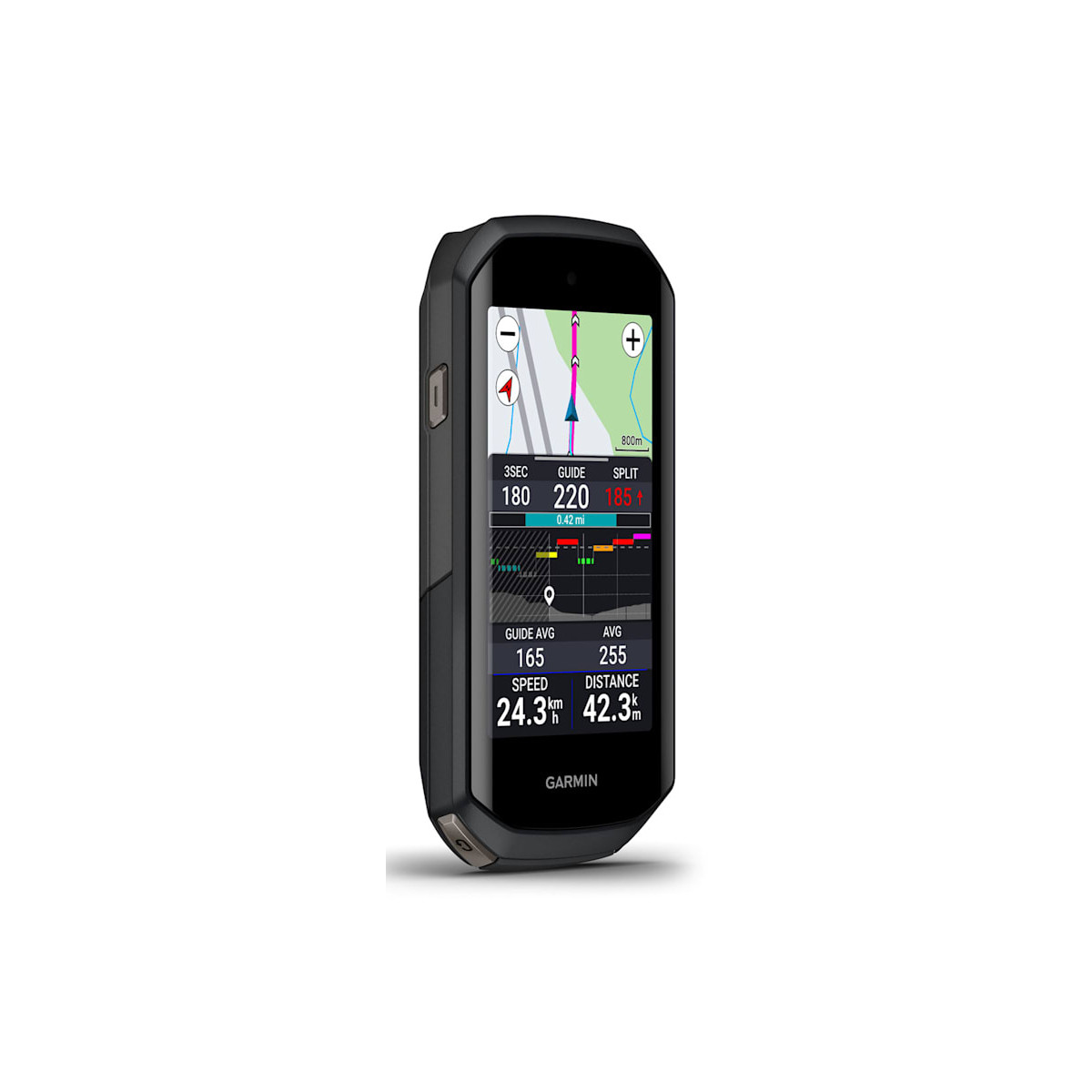 Ein Garmin GPS-Gerät zeigt eine Karte, Geschwindigkeit und Distanz an.