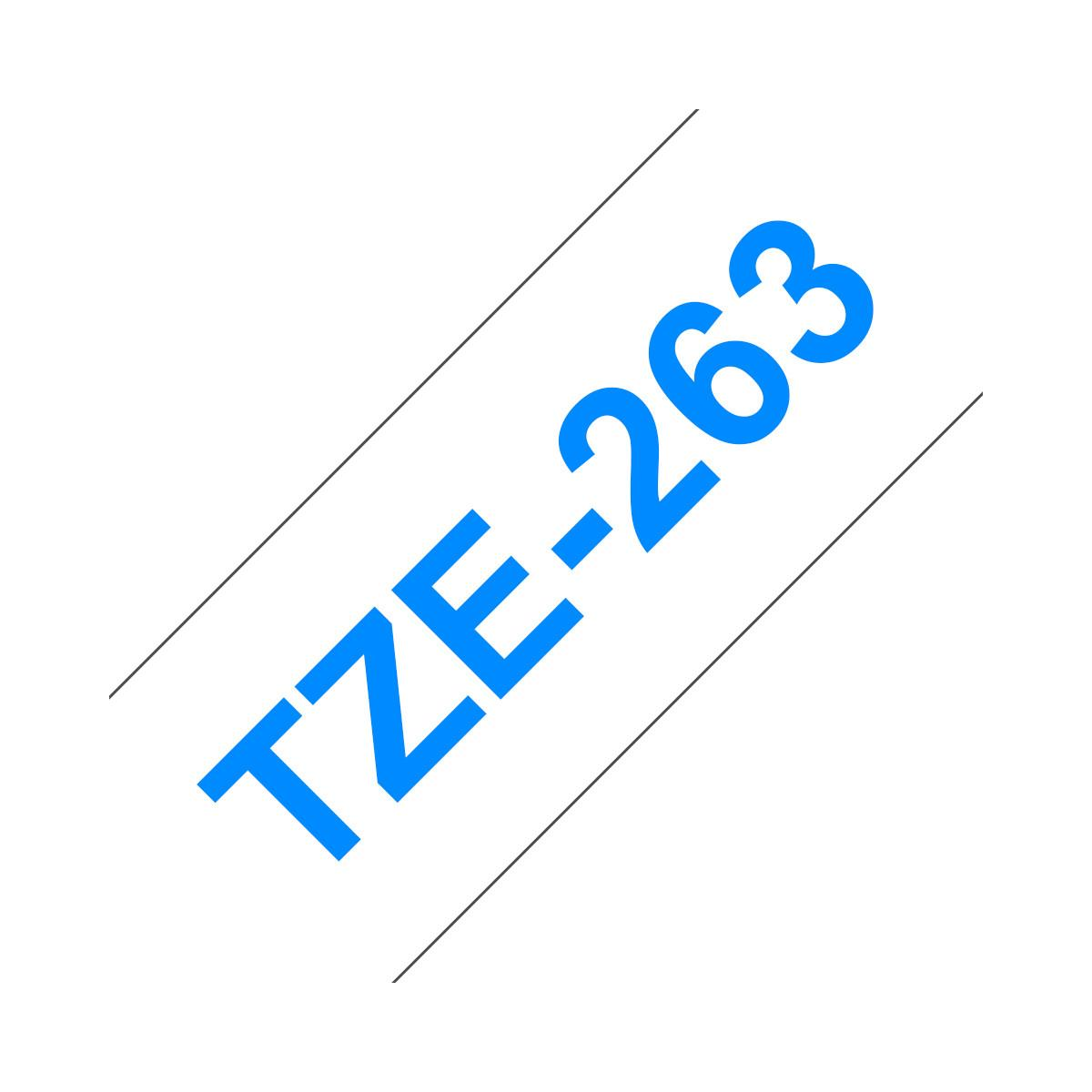 Blauer Text TZE-263 auf weißem Hintergrund zwischen zwei Linien.