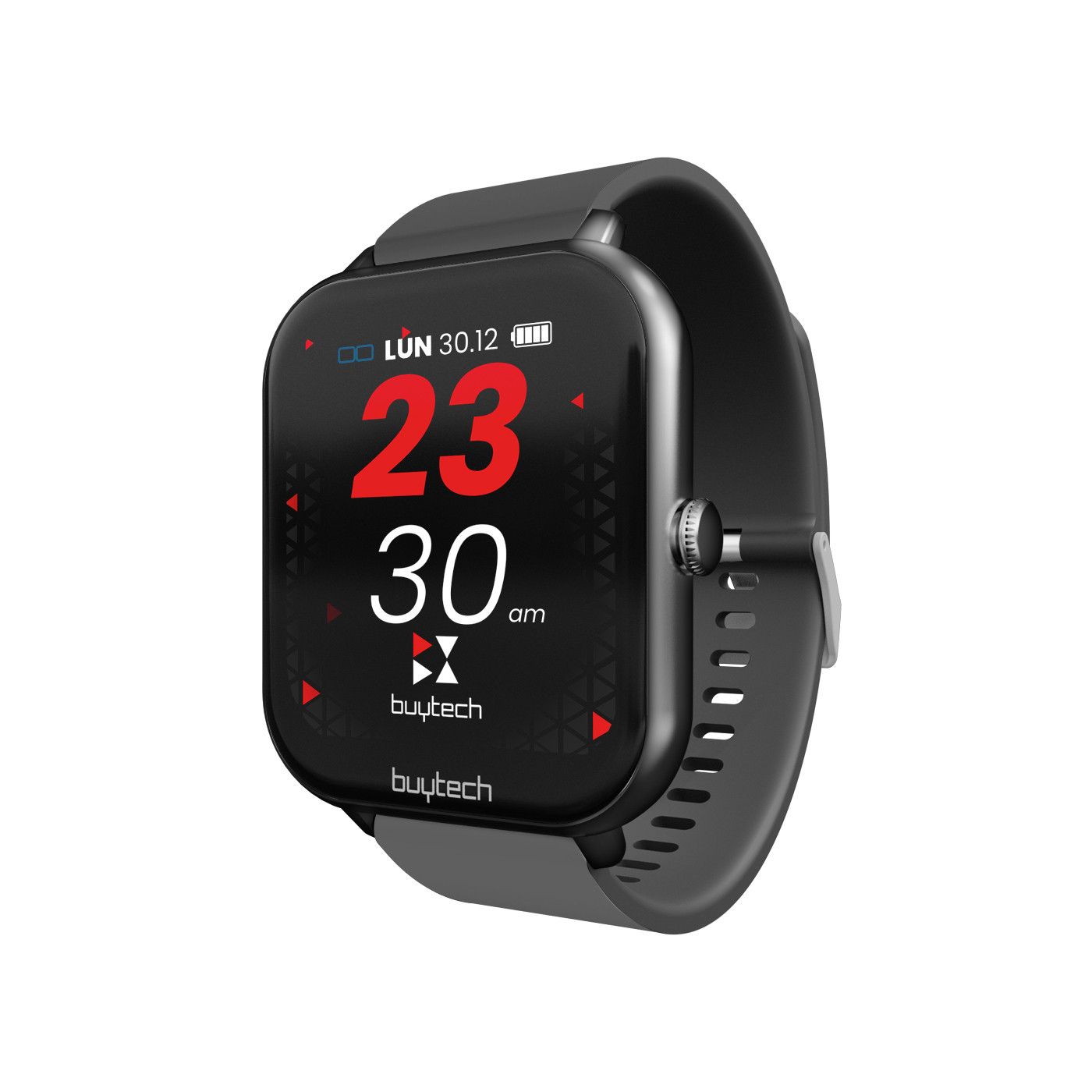 Smartwatch nero con ora digitale (23:30), data (30.12) e indicatore batteria.