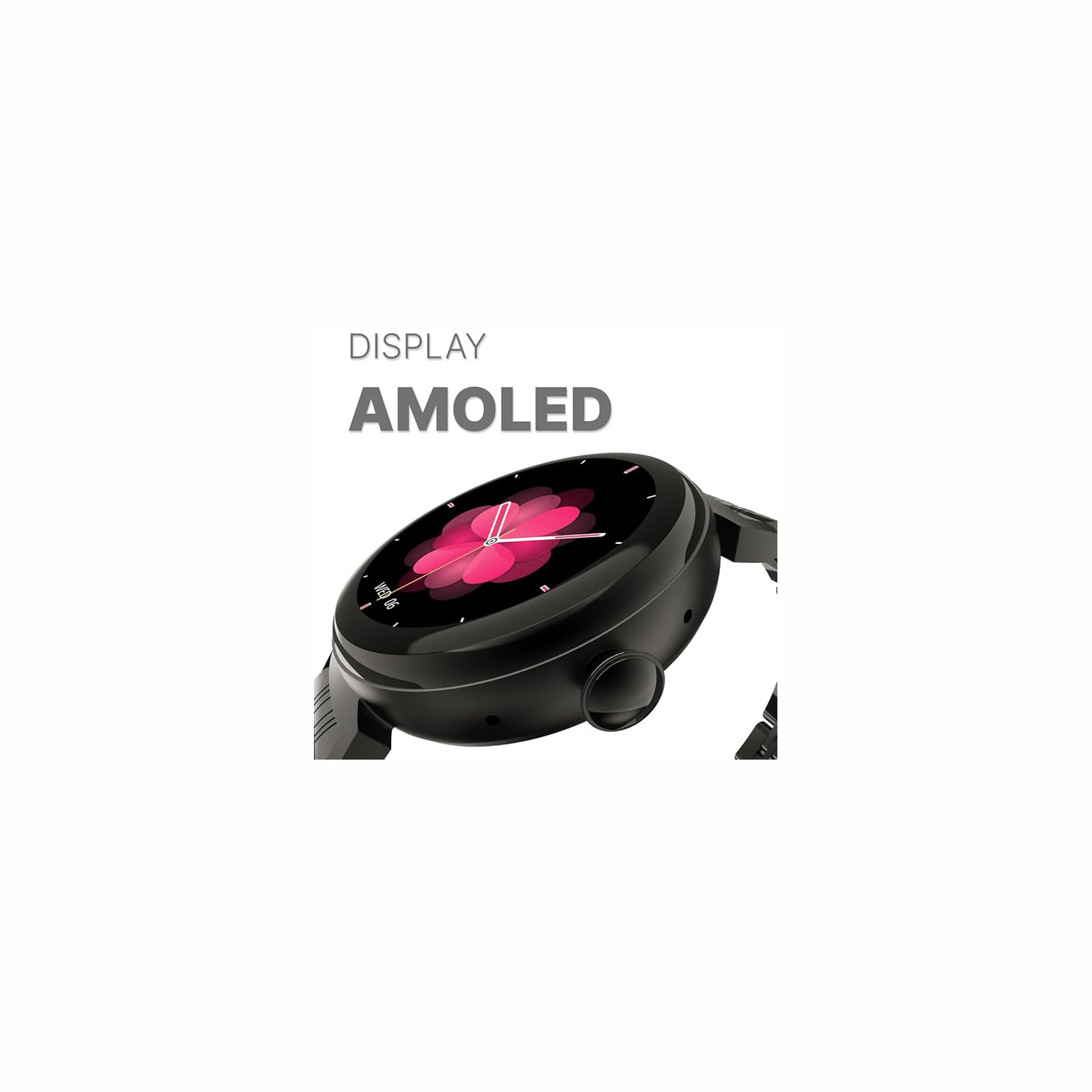 Montre connectée noire avec écran Amoled et motif rose.