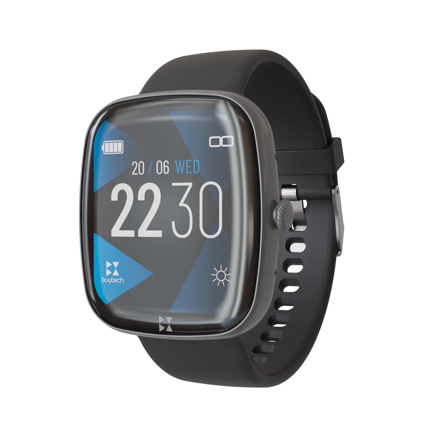 Uno smartwatch nero con accenti argentati sullo schermo e sul cinturino.