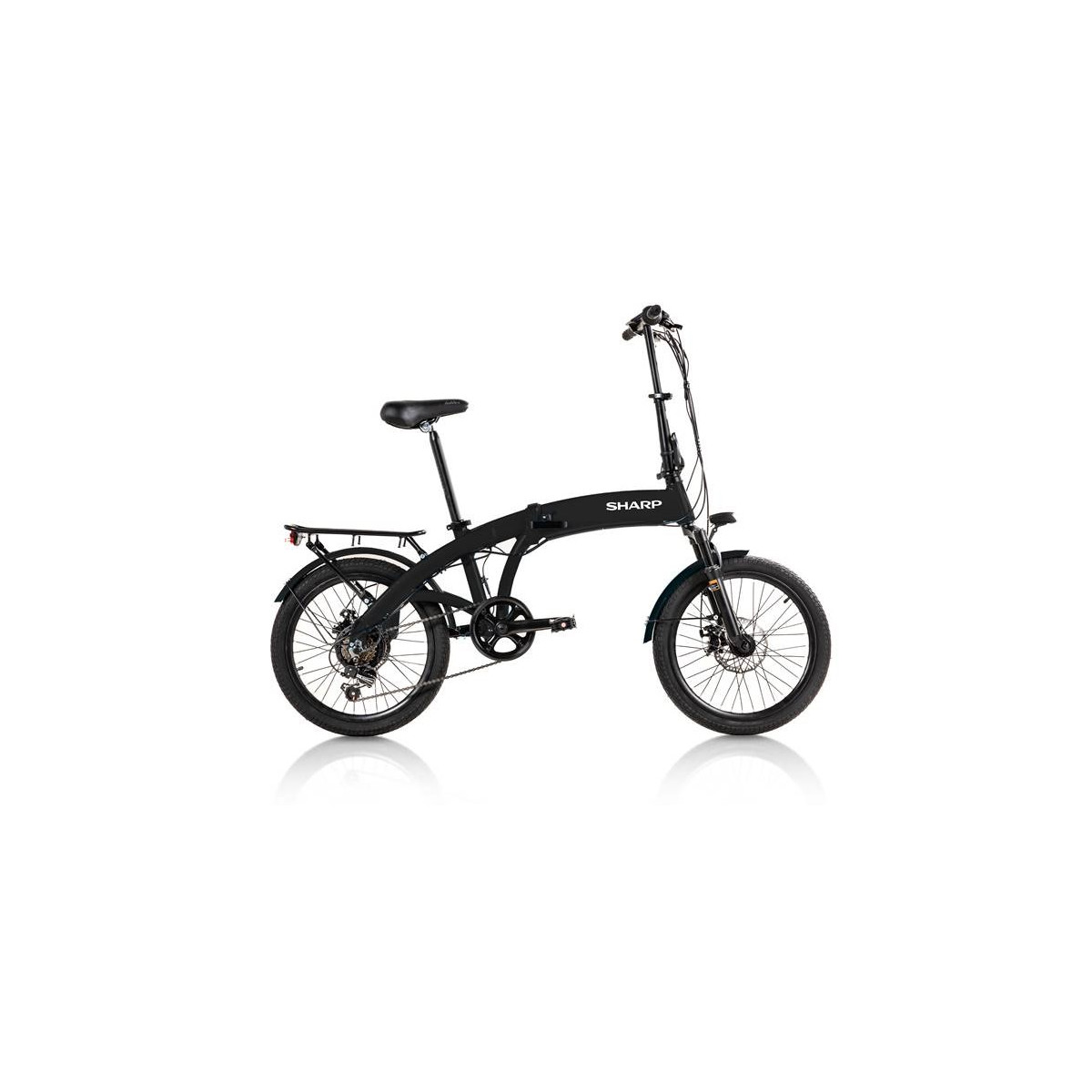 Ein schwarzes faltbares Fahrrad mit dem Logo "SHARP" auf dem Rahmen.