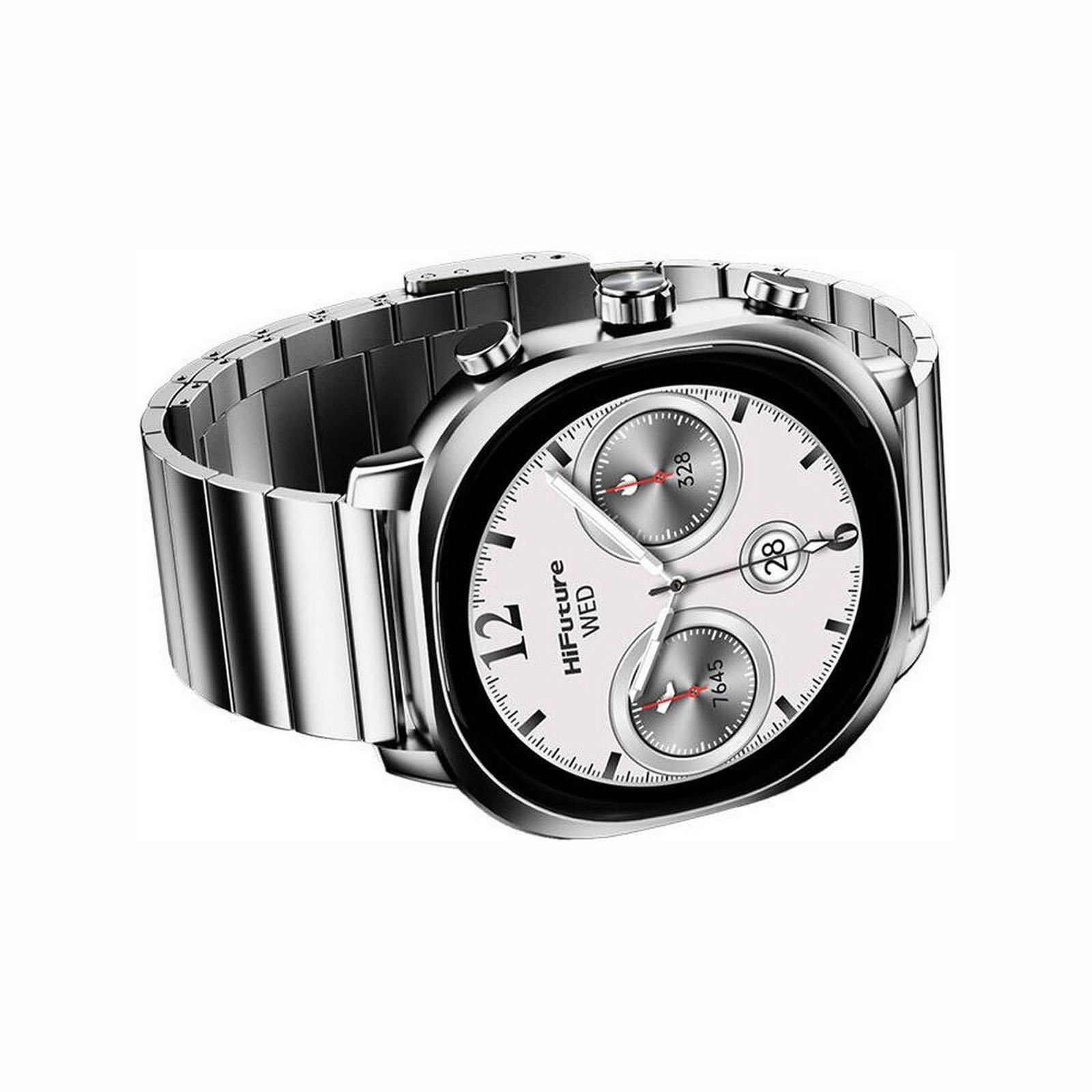 Srebrny smartwatch z białym cyferblatem i srebrną bransoletą.