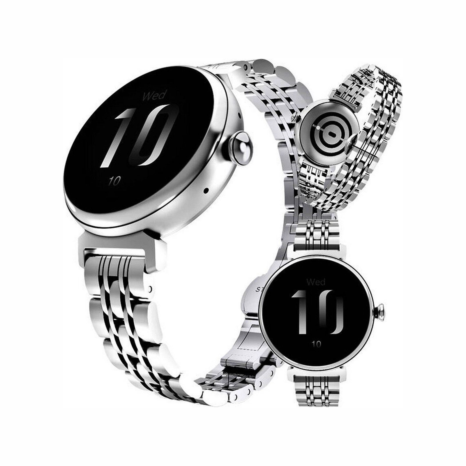 Deux montres connectées argentées avec bracelets métalliques affichant 10:10.