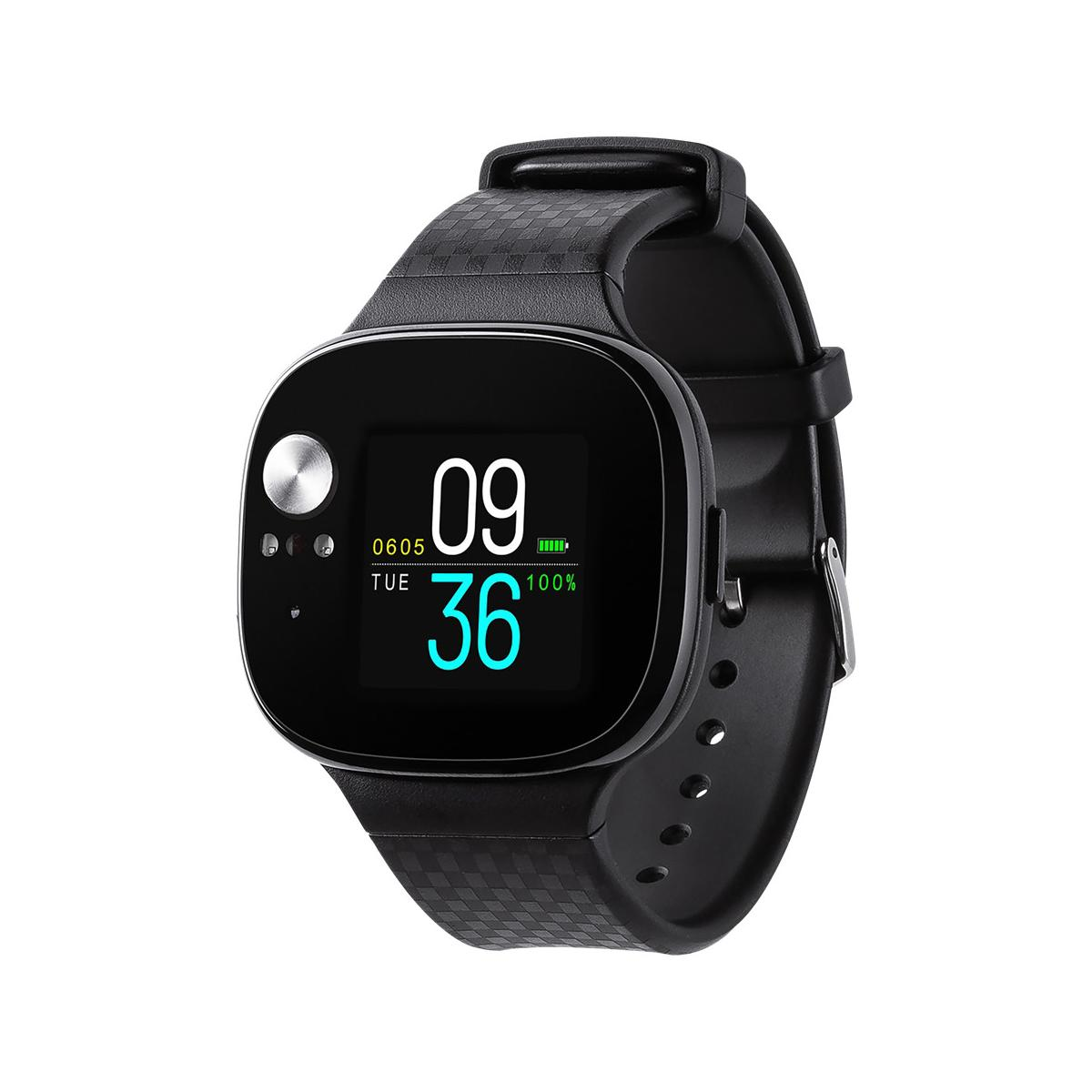 Uno smartwatch nero con display digitale che mostra le 09:36 e il 100% di batteria.
