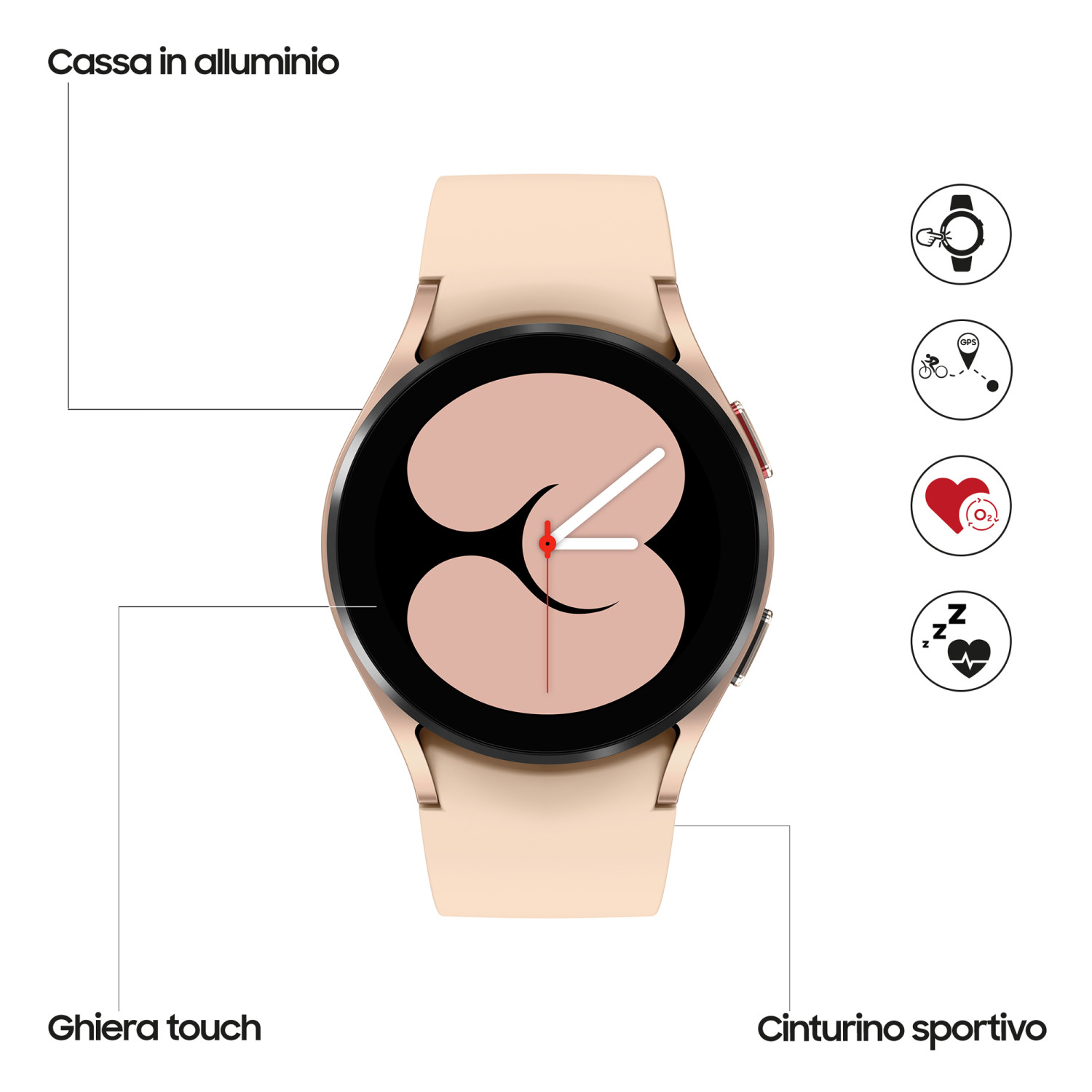 Un smartwatch color oro rosa con esfera clara y correa deportiva.