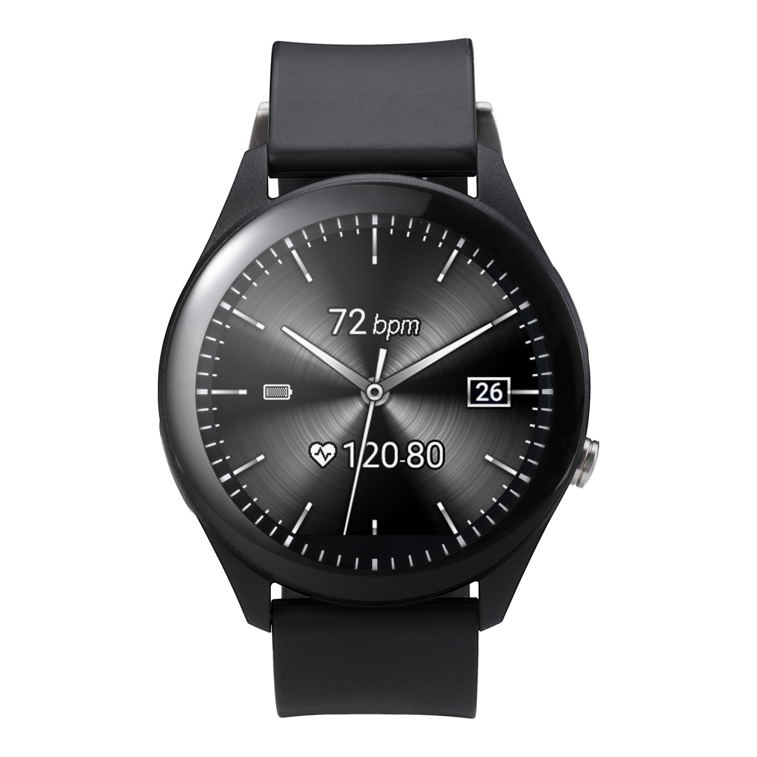 Reloj inteligente negro con pantalla redonda que muestra 72 bpm, fecha 26 y 120-80 pulsaciones.