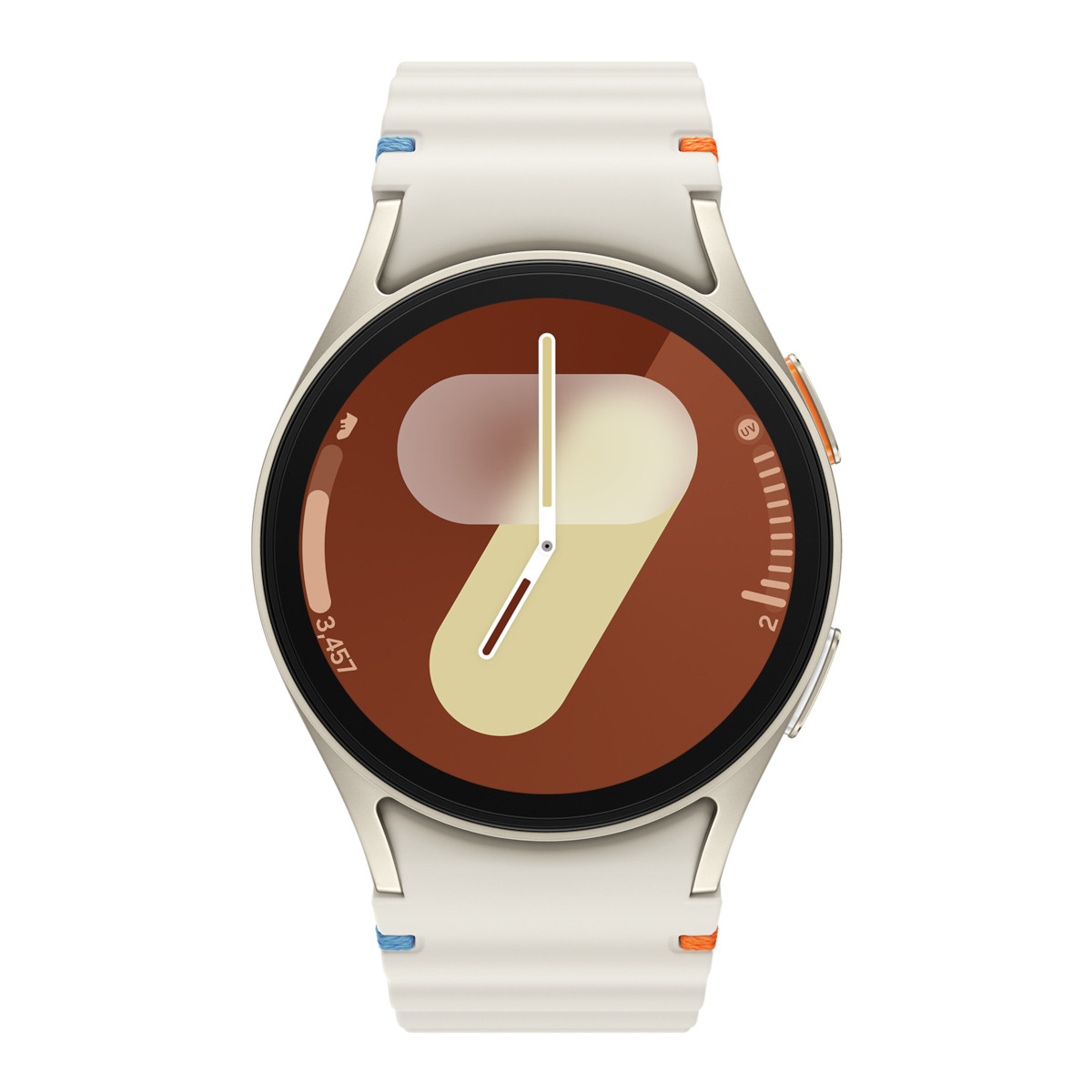 Uno smartwatch bianco con quadrante marrone e informazioni digitali.